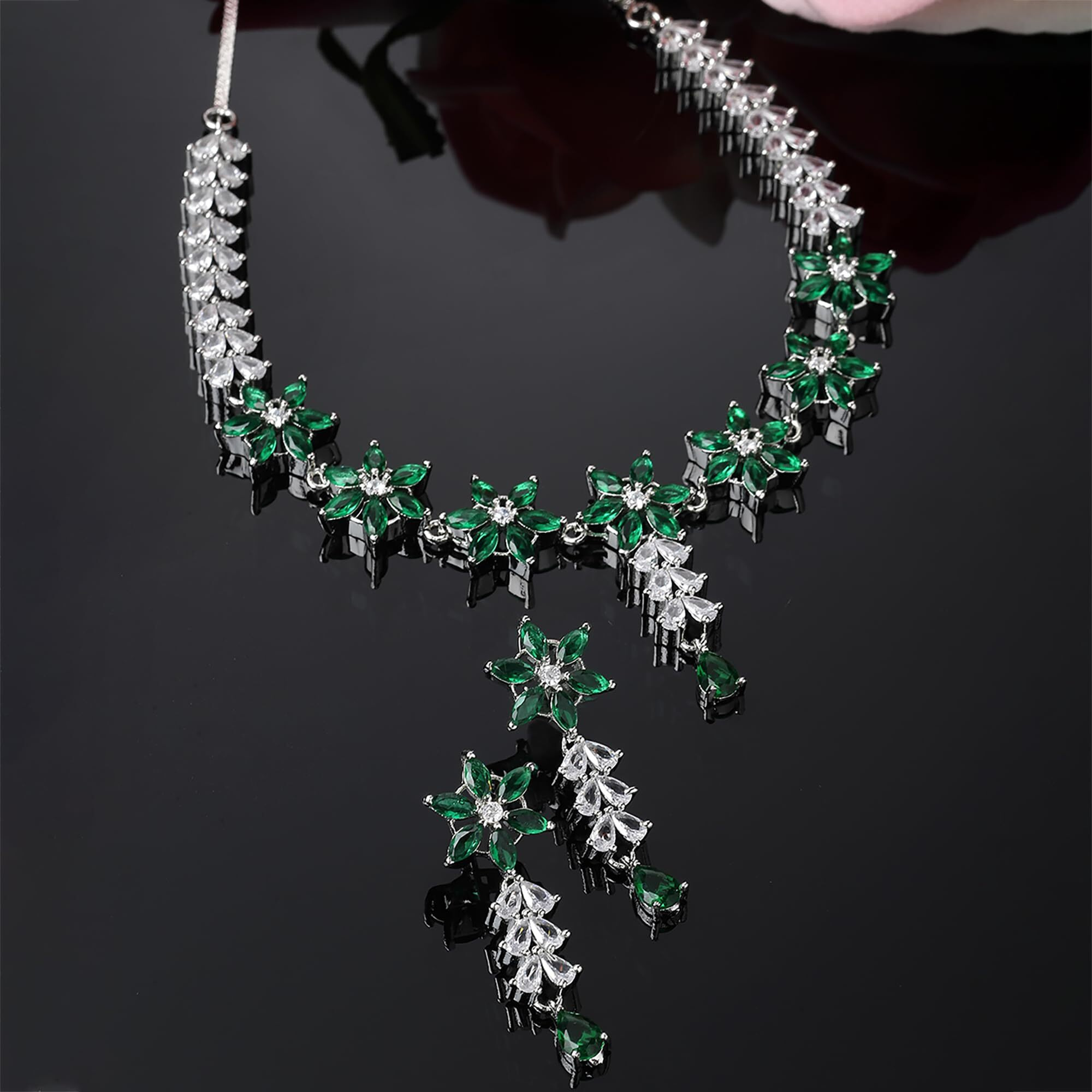 ZENEME Rhodium-Plated Silver Toned Star Shaped American Diamond Studded Necklace Earrings Jewellery Set for Girls and Women (Green_Design_01)