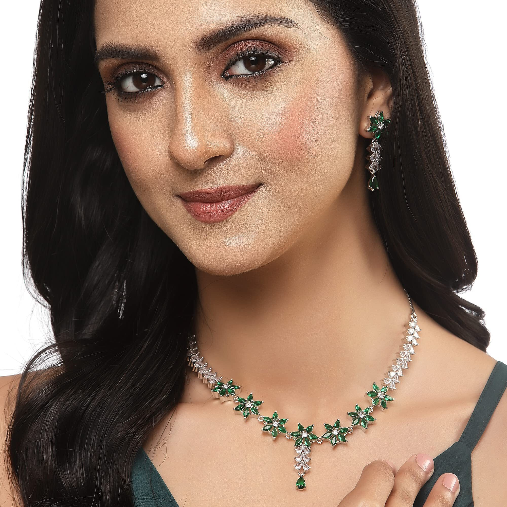 ZENEME Rhodium-Plated Silver Toned Star Shaped American Diamond Studded Necklace Earrings Jewellery Set for Girls and Women (Green_Design_01)