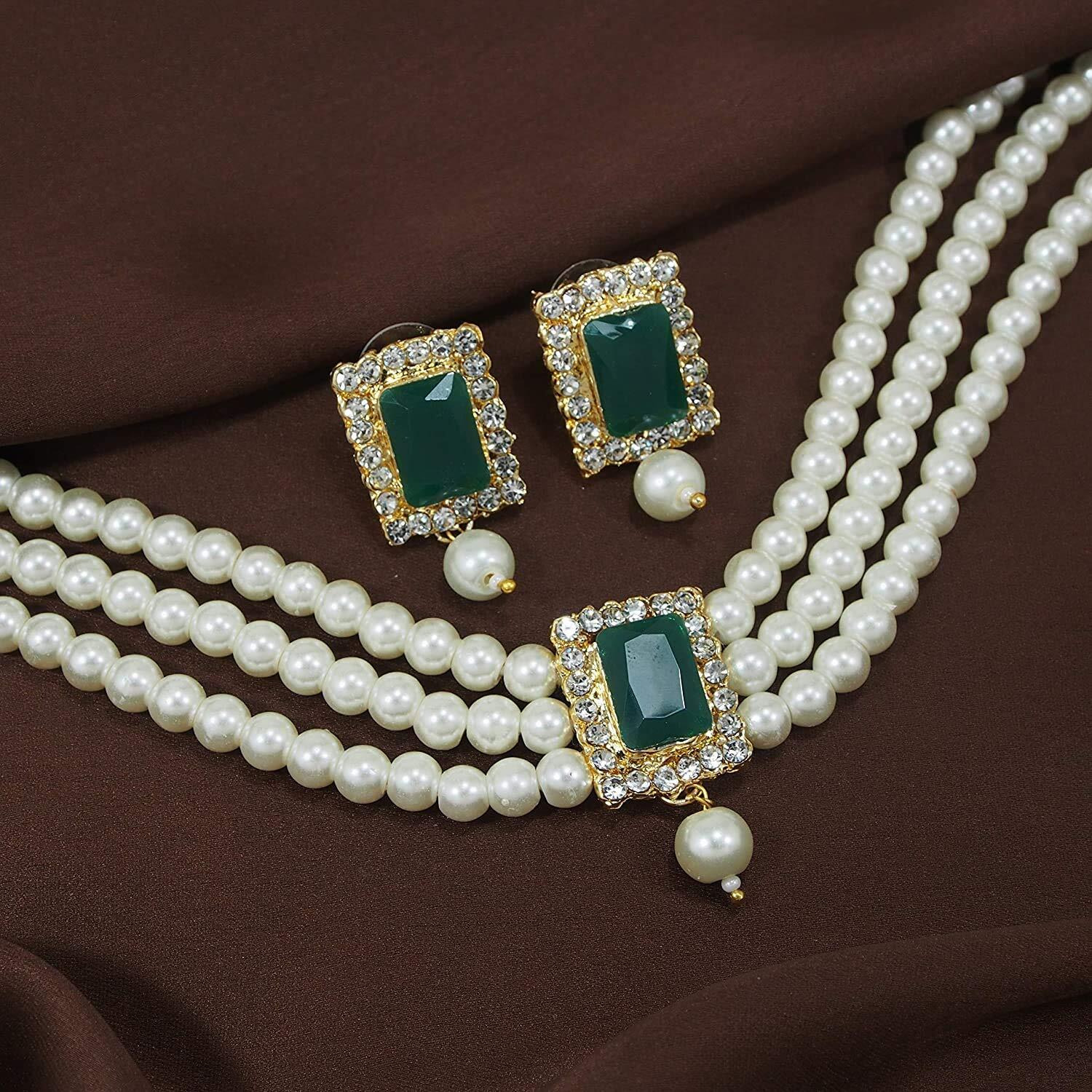 I Jewels Gold Plated Traditional Stone Pearl Choker Necklace Jewellery Set For Women/Girls (ML237G)
