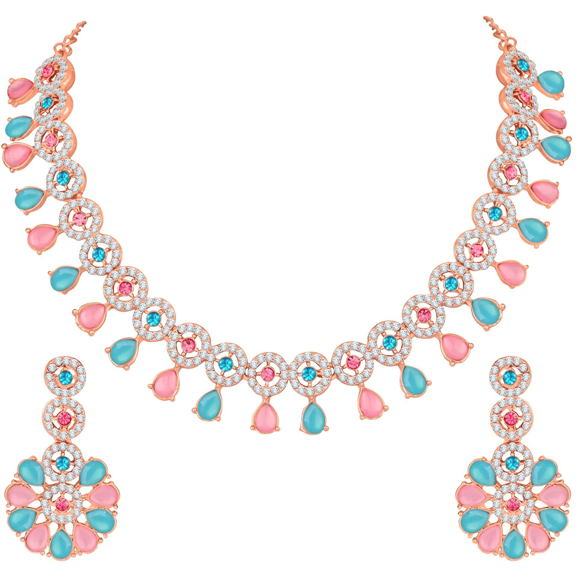 Atasi International Rose Gold Pink & Blue Kundan And American Diamond Necklace Jewellery Set With Earrings For Womens (Rgpb5555)