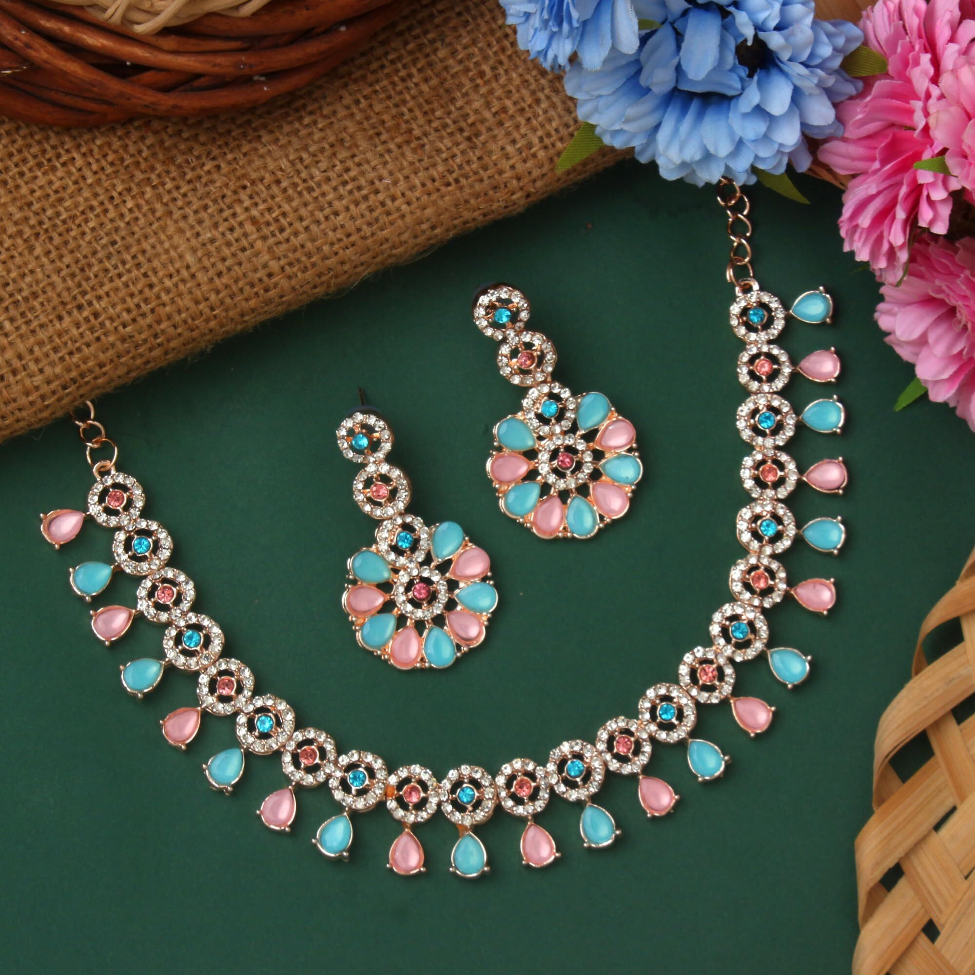 Atasi International Rose Gold Pink & Blue Kundan And American Diamond Necklace Jewellery Set With Earrings For Womens (Rgpb5555)
