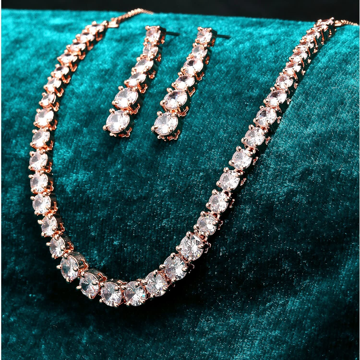ZENEME Jewellery Set Classic Style AD/American Diamond Studded Rose Gold Plated Handcrafted Circle Necklace Set for Women & Girls (Design 1)