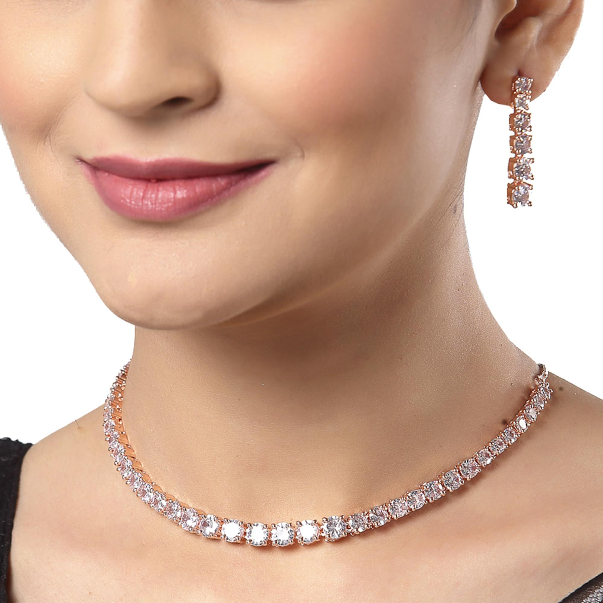 ZENEME Jewellery Set Classic Style AD/American Diamond Studded Rose Gold Plated Handcrafted Circle Necklace Set for Women & Girls (Design 1)