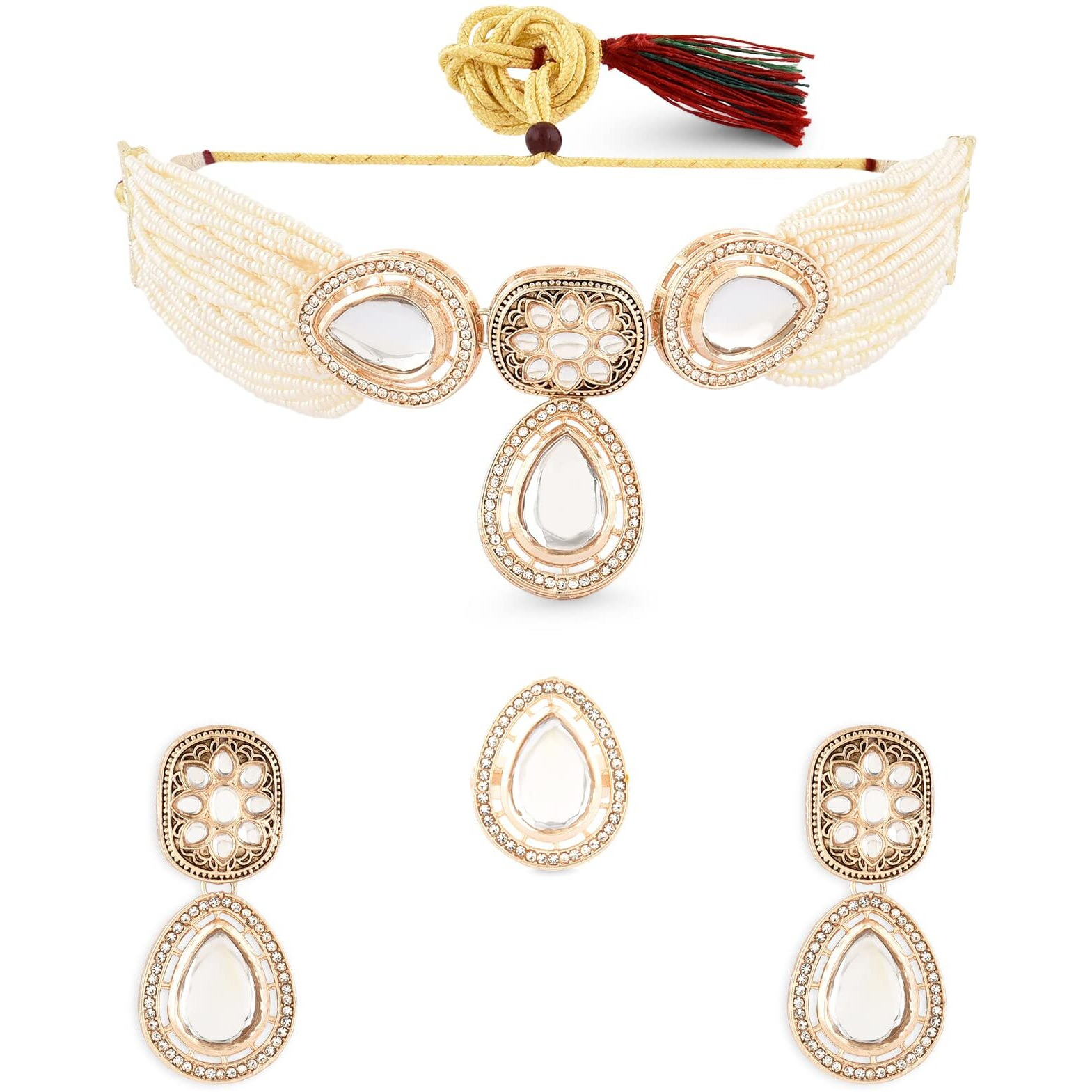 ZAVERI PEARLS Gold Tone Multistrand Beaded Kundan Choker Necklace Earring & Ring Set For Women-ZPFK16078