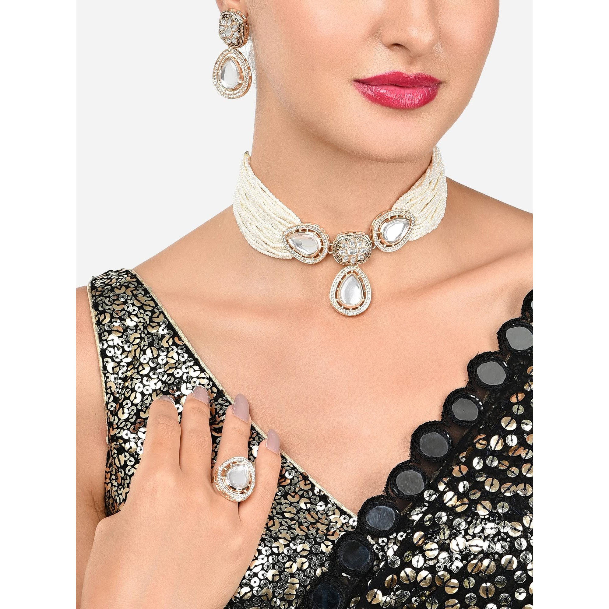 ZAVERI PEARLS Gold Tone Multistrand Beaded Kundan Choker Necklace Earring & Ring Set For Women-ZPFK16078