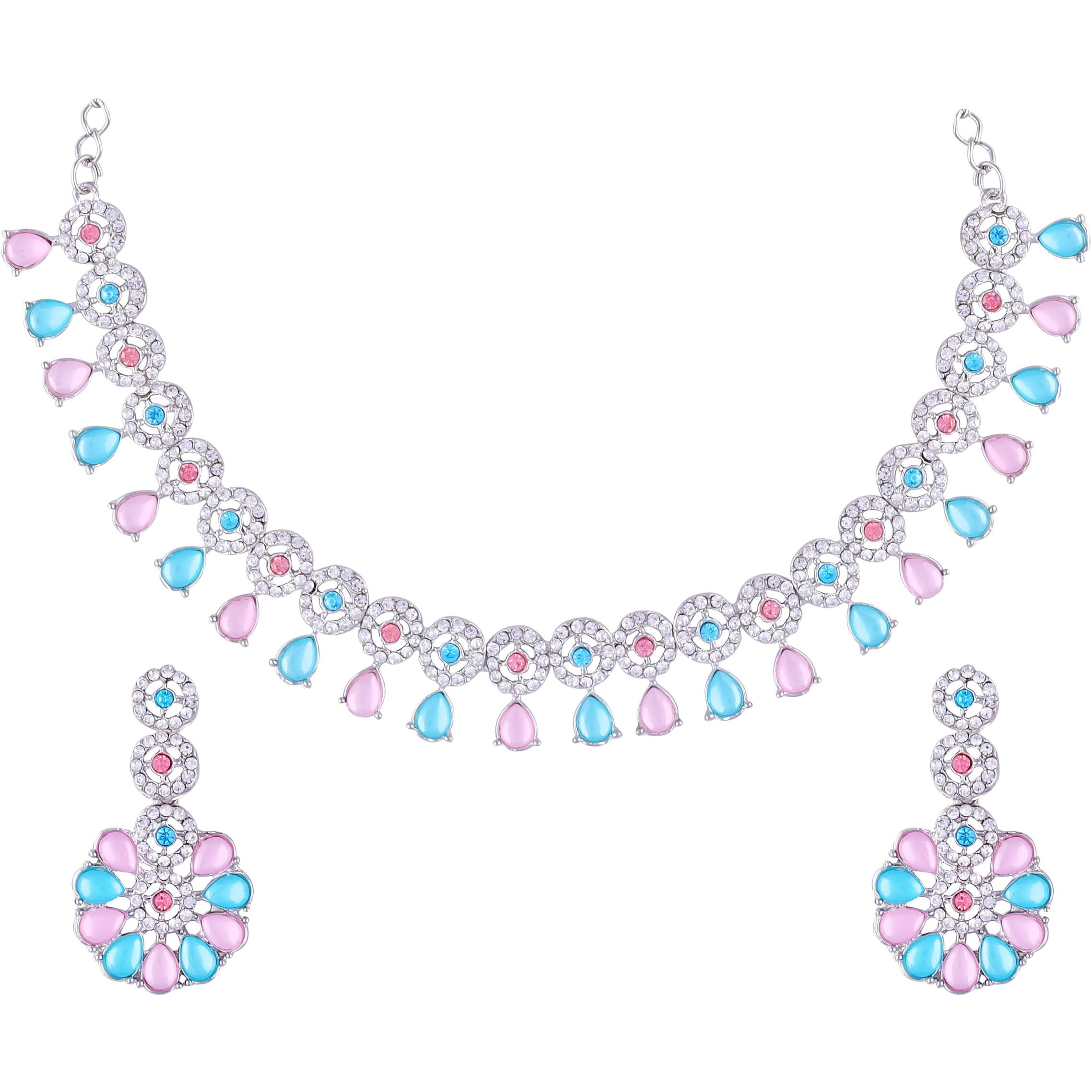 Atasi International Silver Multi Color Sylish American Diamond Necklace Jewellery Set with Earrings for Women (RML5555)