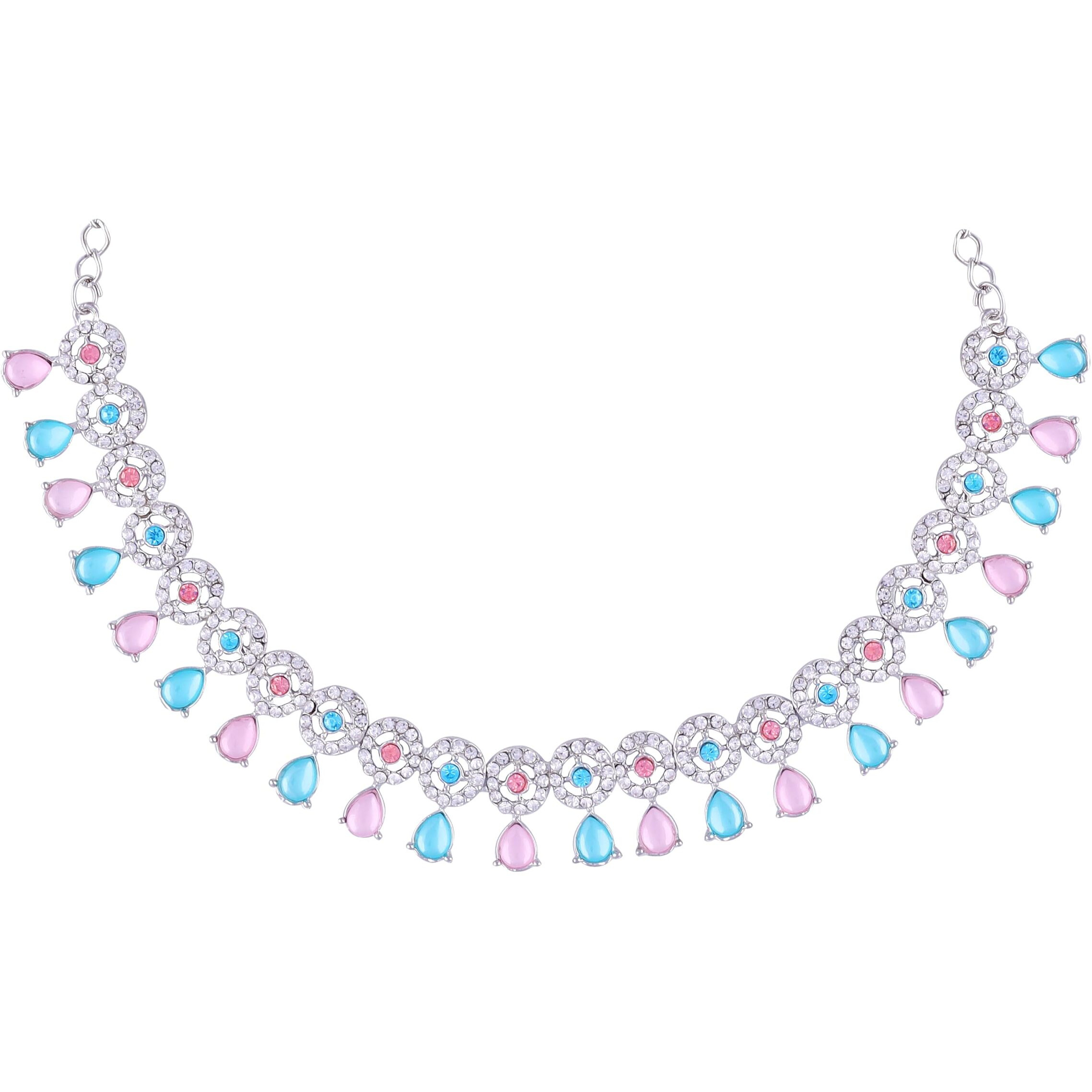 Atasi International Silver Multi Color Sylish American Diamond Necklace Jewellery Set with Earrings for Women (RML5555)