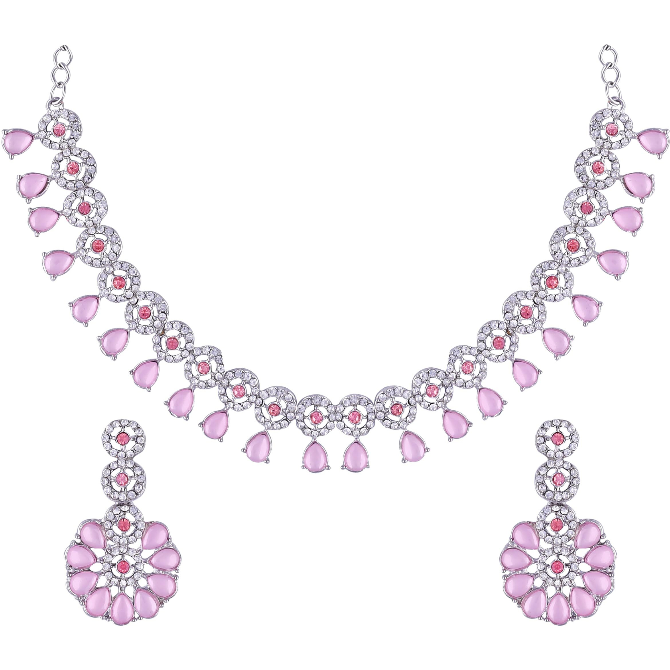 Atasi International Silver Mint Pink Kundan and American Diamond Necklace Jewellery Set with Earrings for Women (RMP5555)