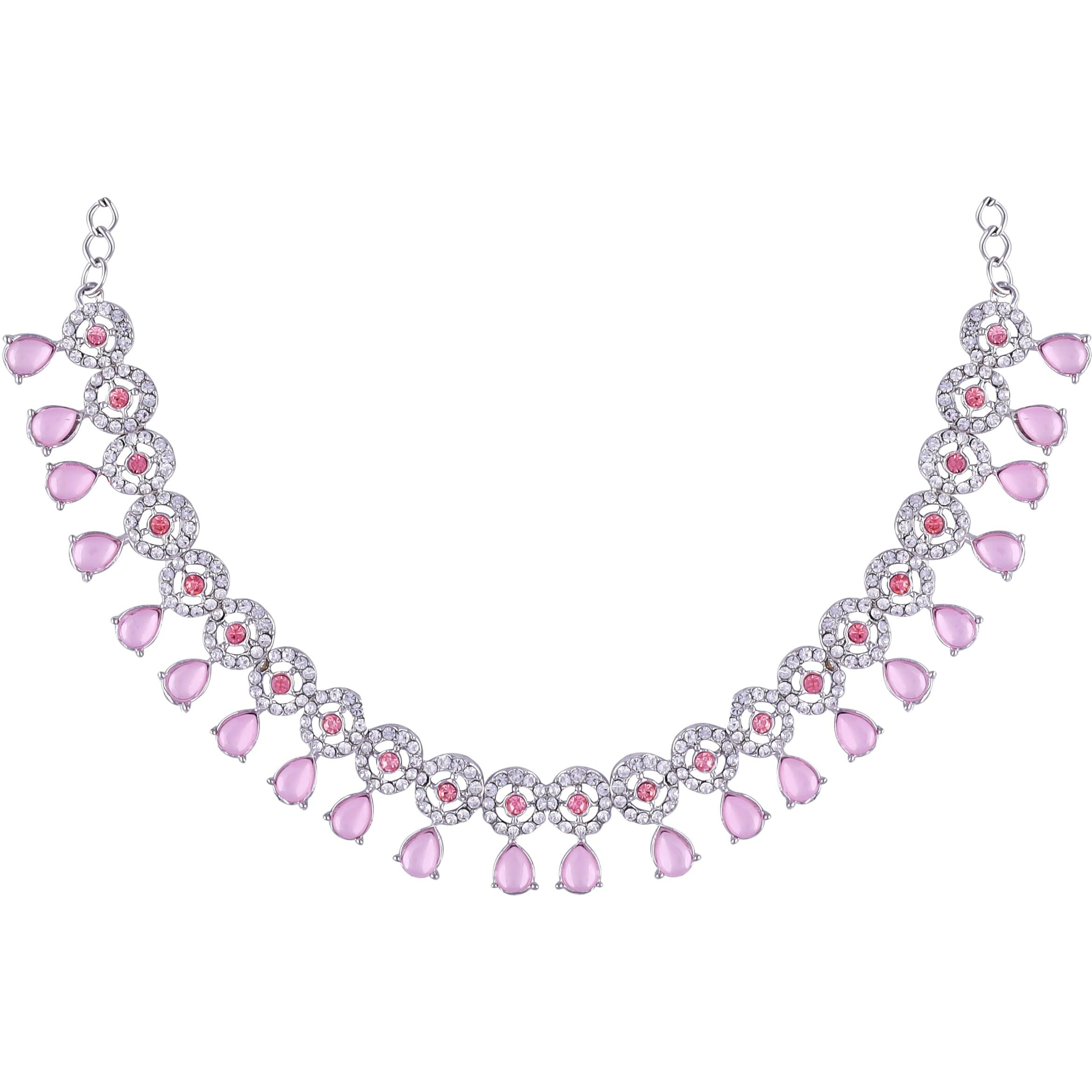 Atasi International Silver Mint Pink Kundan and American Diamond Necklace Jewellery Set with Earrings for Women (RMP5555)