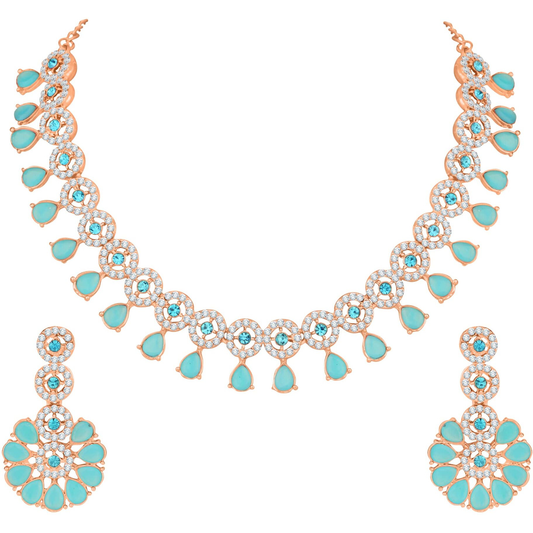 Atasi International Rose Gold Plated Aqua Blue Kundan and American Diamond Necklace with Earrings - Jewellery Set for Party, Wedding Collection (RGB5555)For Women