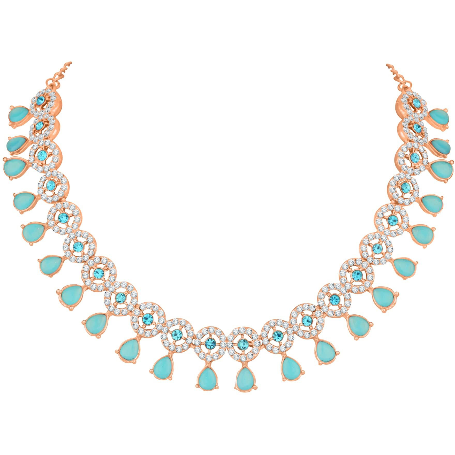 Atasi International Rose Gold Plated Aqua Blue Kundan and American Diamond Necklace with Earrings - Jewellery Set for Party, Wedding Collection (RGB5555)For Women
