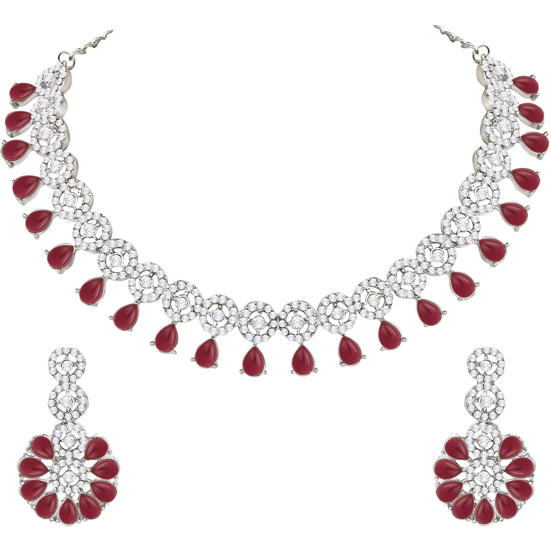 Atasi International Silver Plated Ruby Red (Maroon) Kundan and American Diamond Necklace Jewellery Set with Earrings for Women (RMR5555)