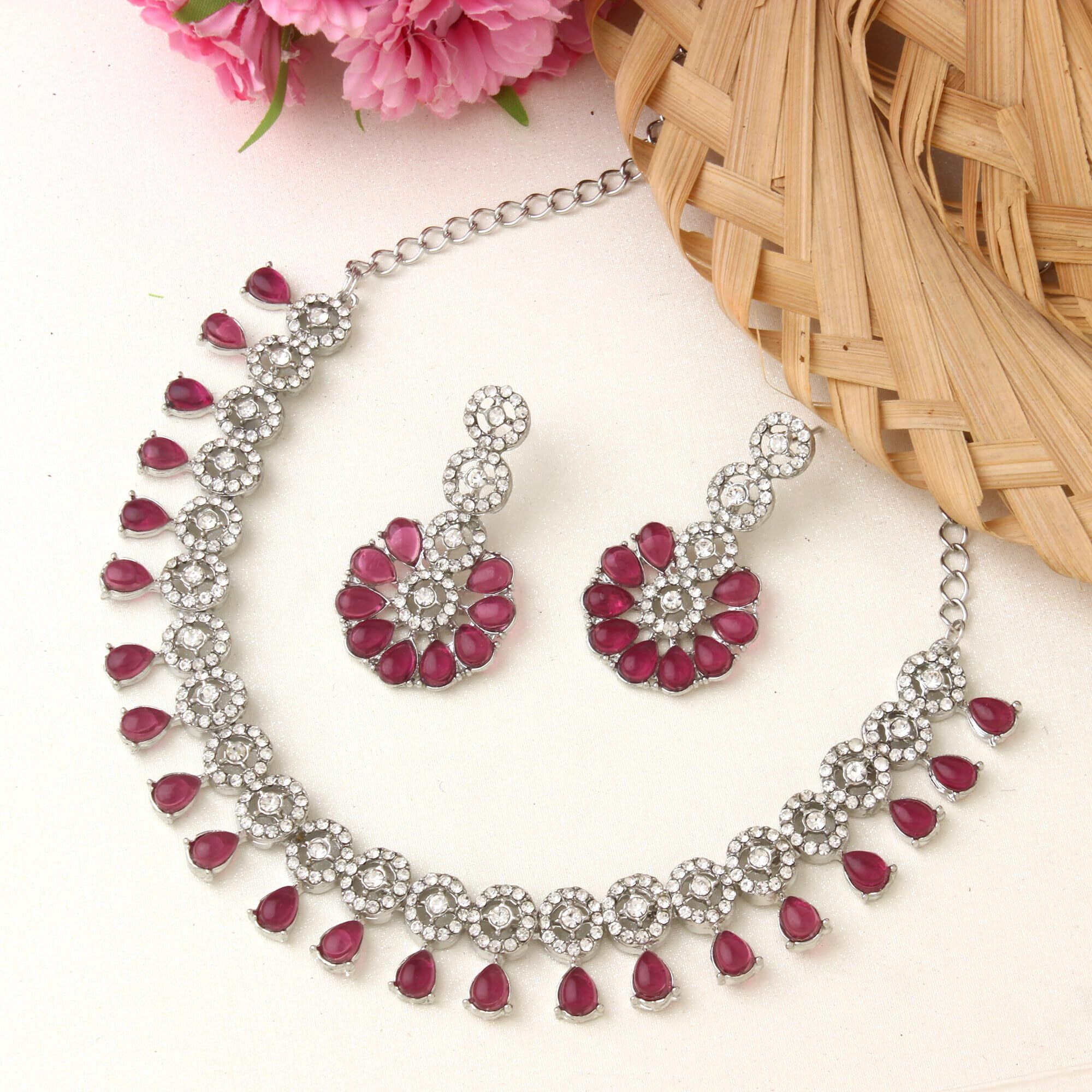 Atasi International Silver Plated Ruby Red (Maroon) Kundan and American Diamond Necklace Jewellery Set with Earrings for Women (RMR5555)