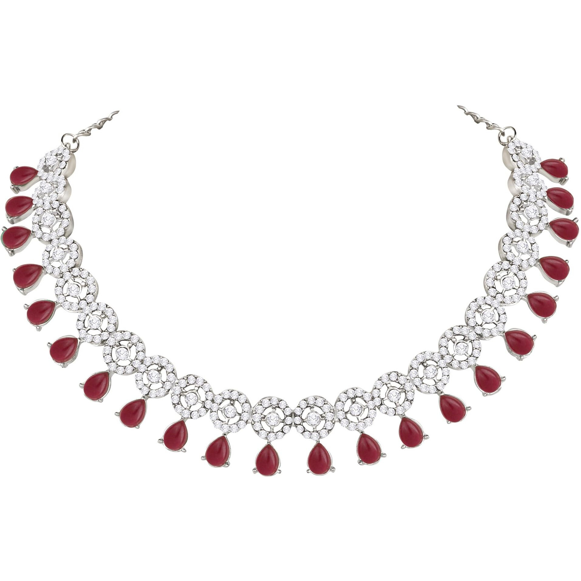Atasi International Silver Plated Ruby Red (Maroon) Kundan and American Diamond Necklace Jewellery Set with Earrings for Women (RMR5555)