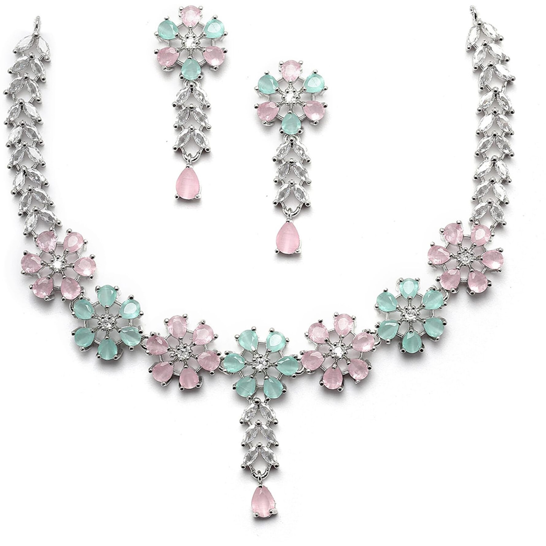 ZENEME Rhodium-Plated Silver Toned Star Shaped American Diamond Studded Necklace Earrings Jewellery Set for Girls and Women (Lime Green & Pink_Design_02)