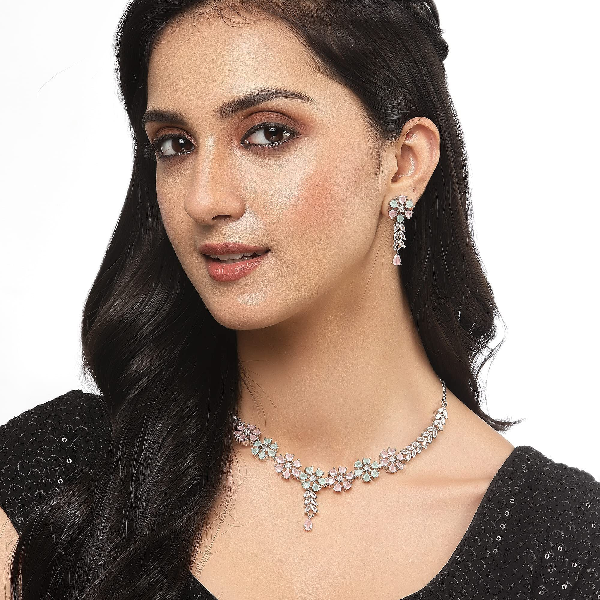 ZENEME Rhodium-Plated Silver Toned Star Shaped American Diamond Studded Necklace Earrings Jewellery Set for Girls and Women (Lime Green & Pink_Design_02)