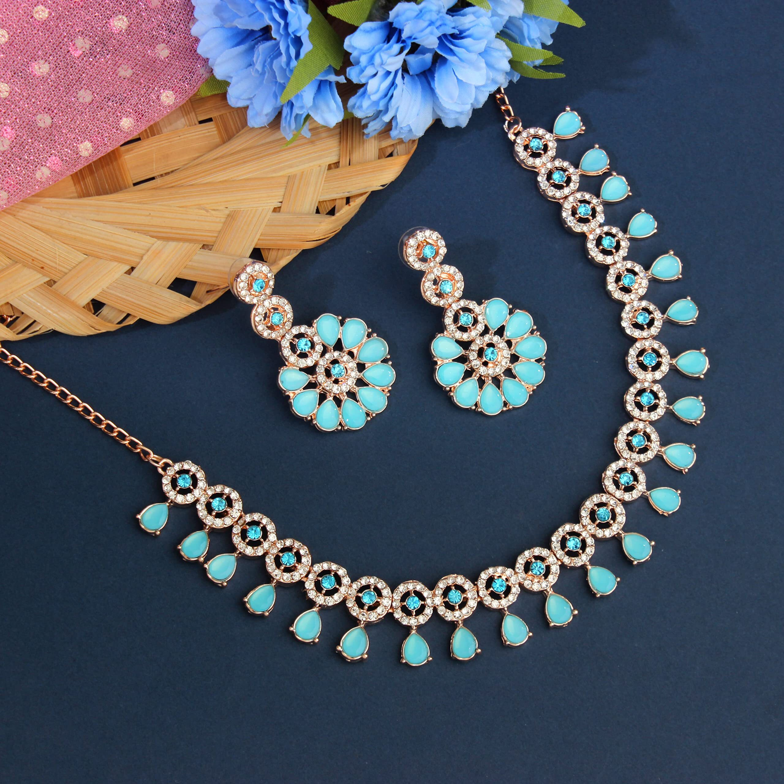Atasi International Rose Gold Plated Mint Pink & Green Crystals American Diamond Necklace Jewellery Set with Earrings for Women (MPG5555)