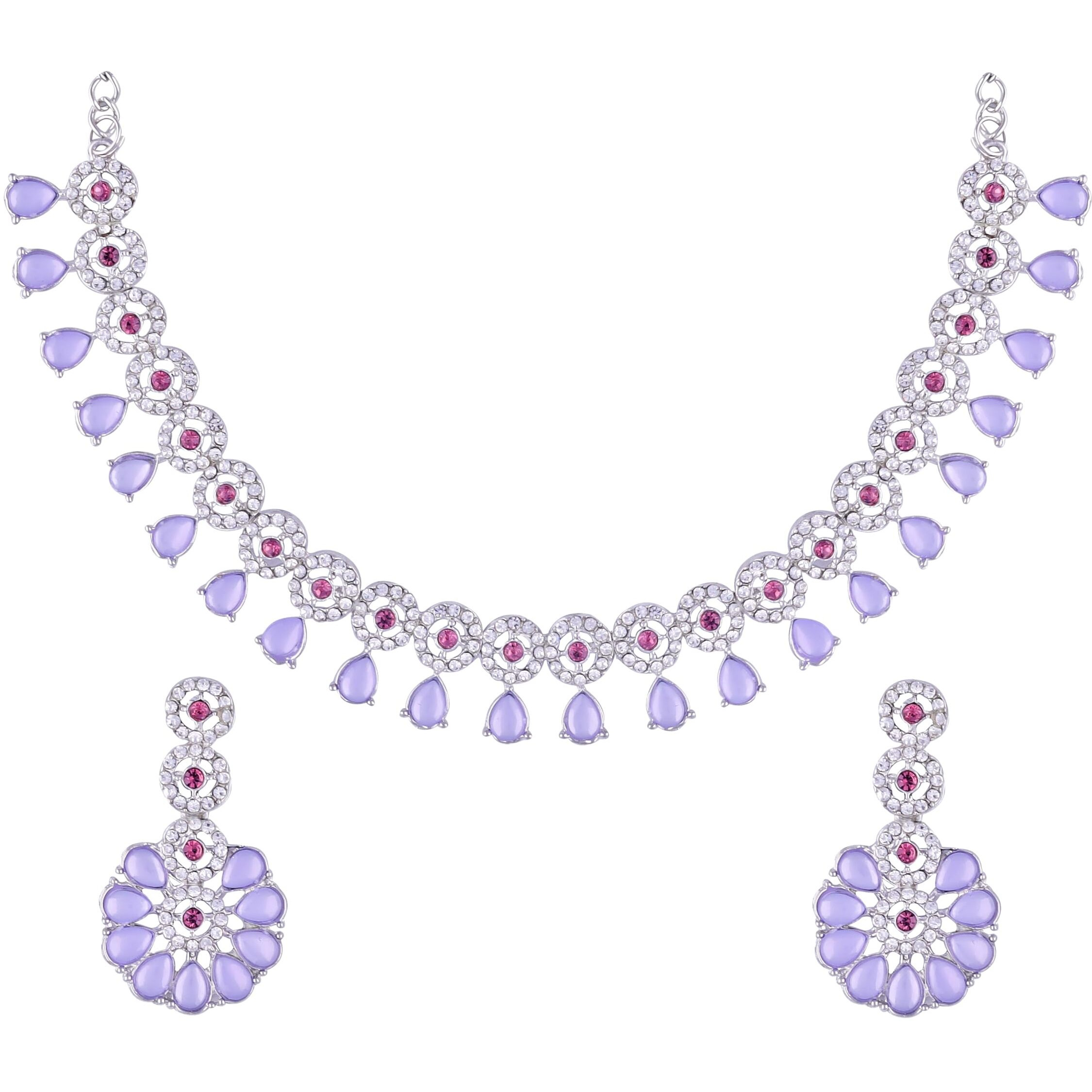 Atasi International Silver Purple Kundan and American Diamond Necklace Jewellery Set with Earrings for Women (RPU5555)
