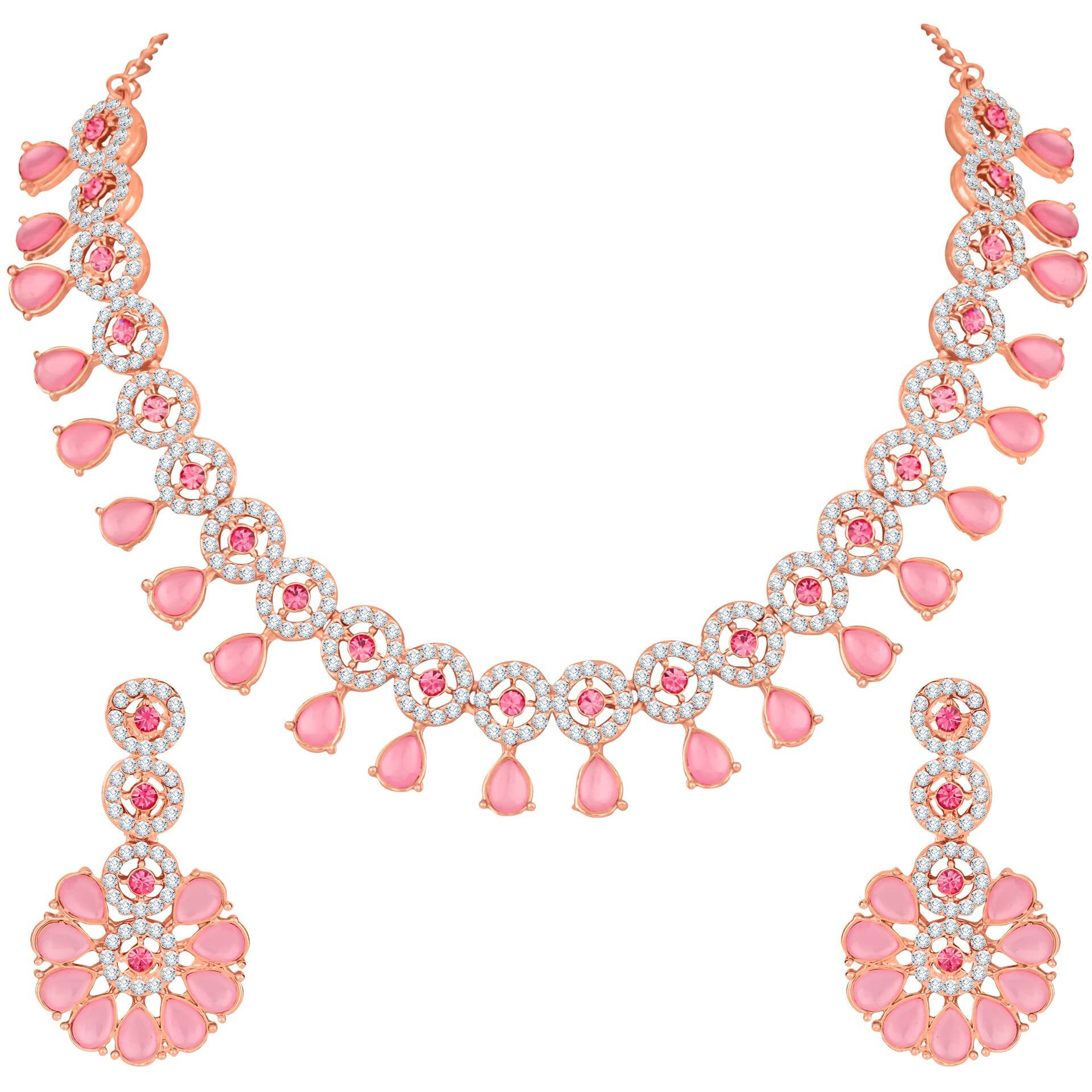 Atasi International Rose Gold MInt Pink Kundan and American Diamond Necklace Jewellery Set with Earrings for Women (RGP5555)