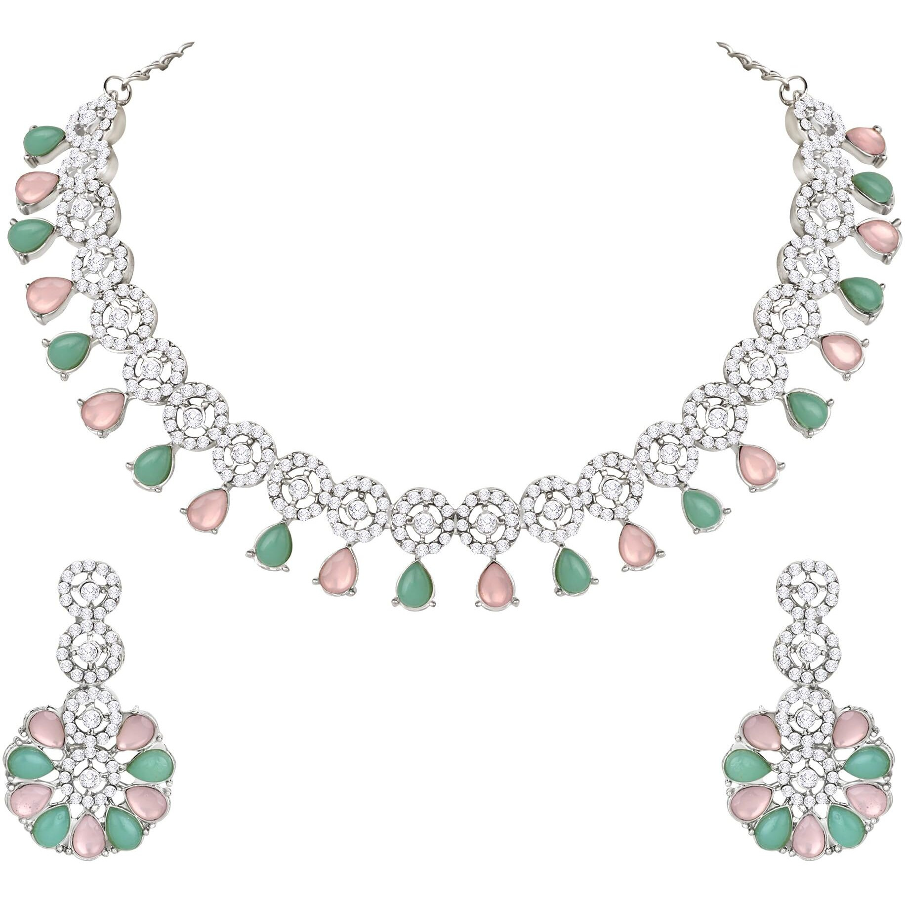 Atasi International Silver Plated Mint Pink & Green Crystals American Diamond Necklace Jewellery Set with Earrings for Women (RPG5555)