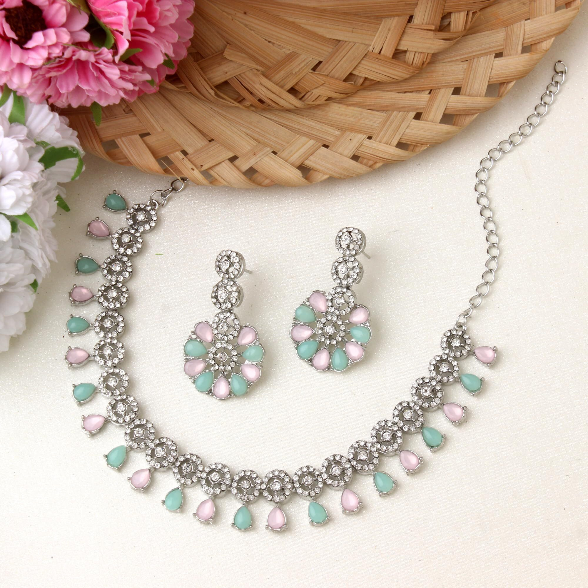 Atasi International Silver Plated Mint Pink & Green Crystals American Diamond Necklace Jewellery Set with Earrings for Women (RPG5555)