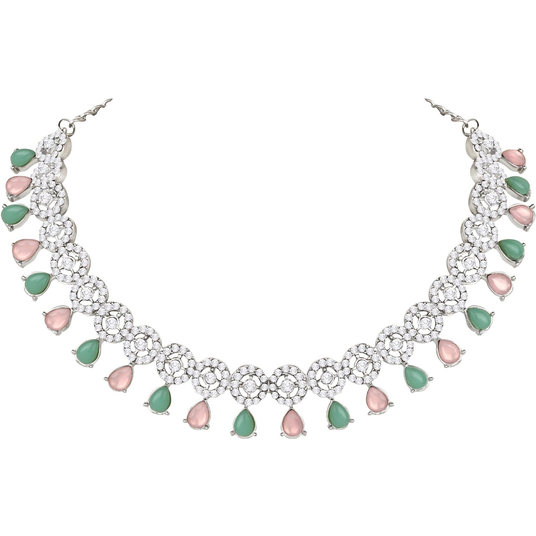 Atasi International Silver Plated Mint Pink & Green Crystals American Diamond Necklace Jewellery Set with Earrings for Women (RPG5555)