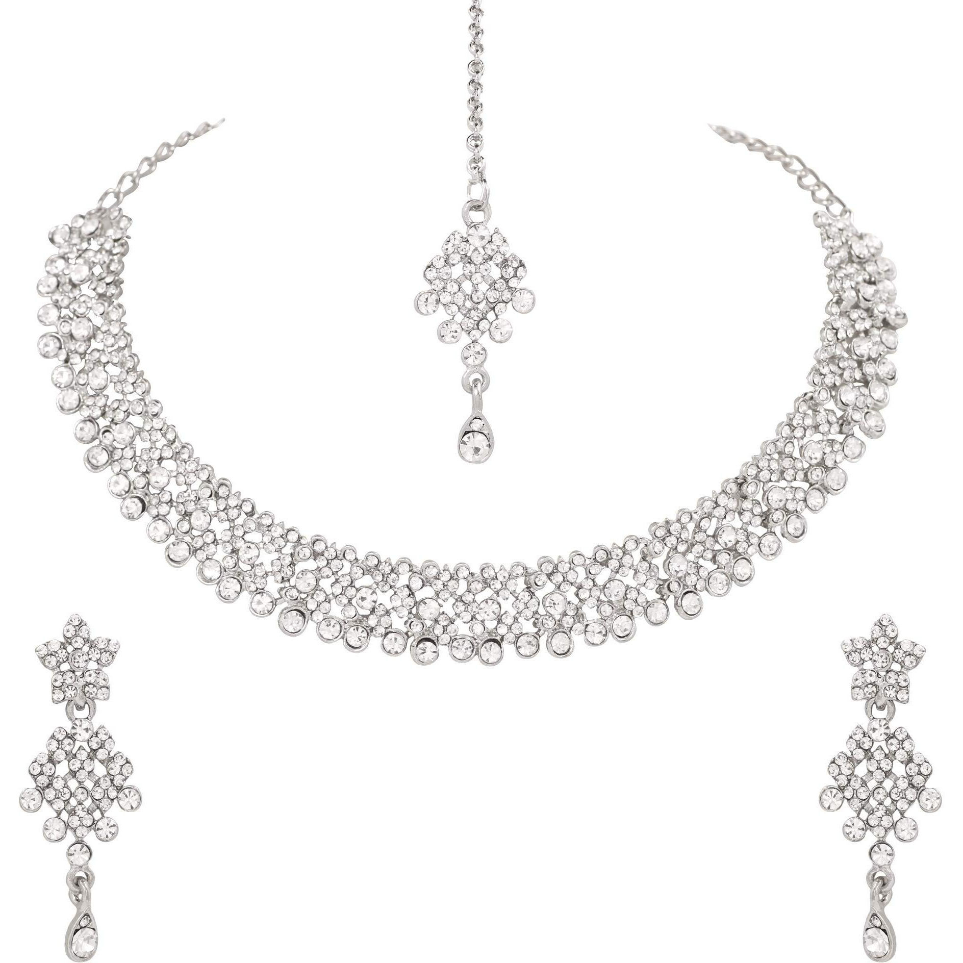 Atasi International Silver-Plated Alloy Choker Necklace Jewellery Set With Earrings & Maang Tikka For Women (White)