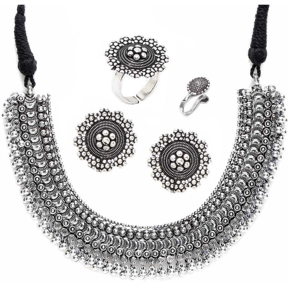 YouBella Jewellery Set for Women Oxidised Silver Tradtional Necklace Jewellery Set with Earrings , Rings and Nose Clip for Girls and Women (YBNK_50346)