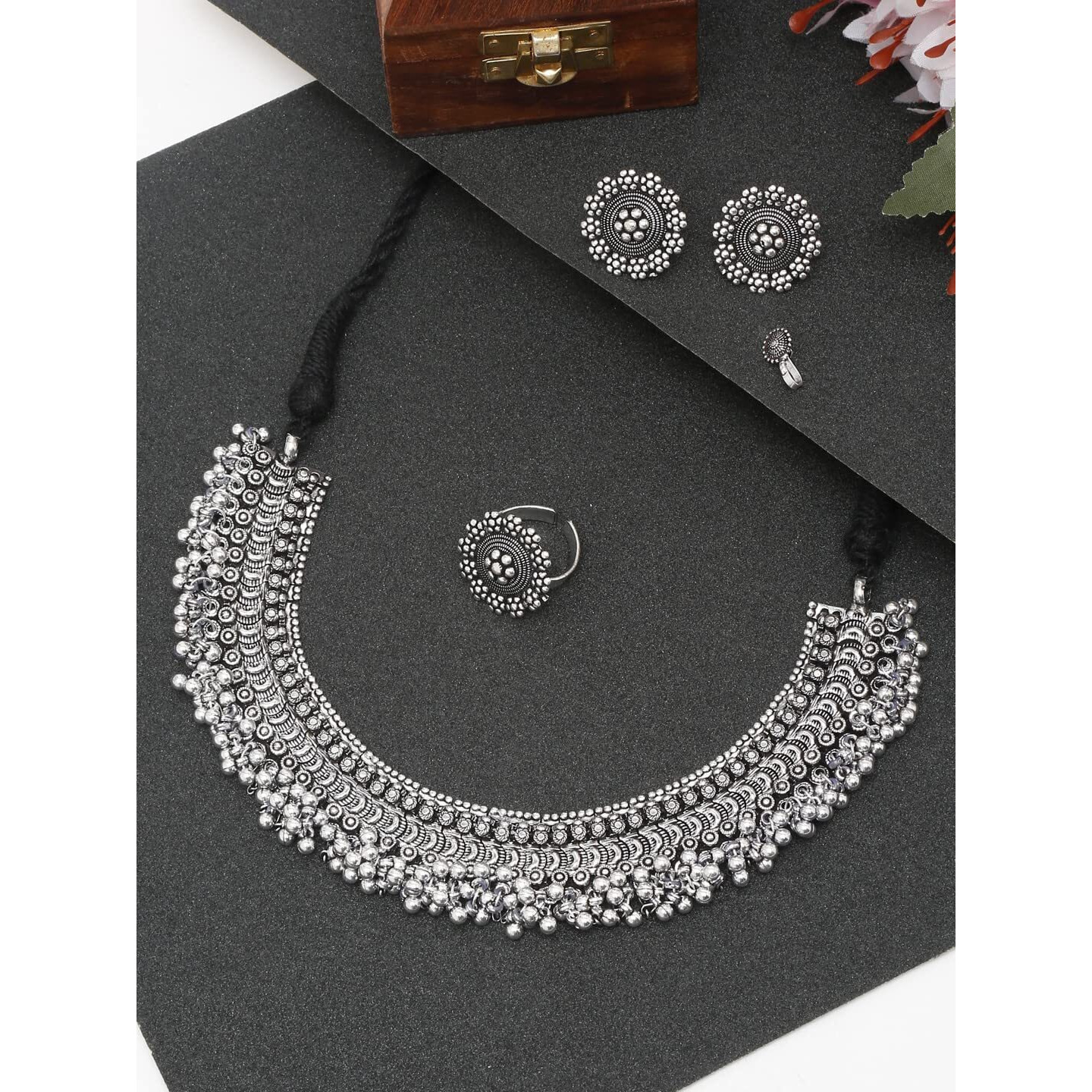 YouBella Jewellery Set for Women Oxidised Silver Tradtional Necklace Jewellery Set with Earrings , Rings and Nose Clip for Girls and Women (YBNK_50346)