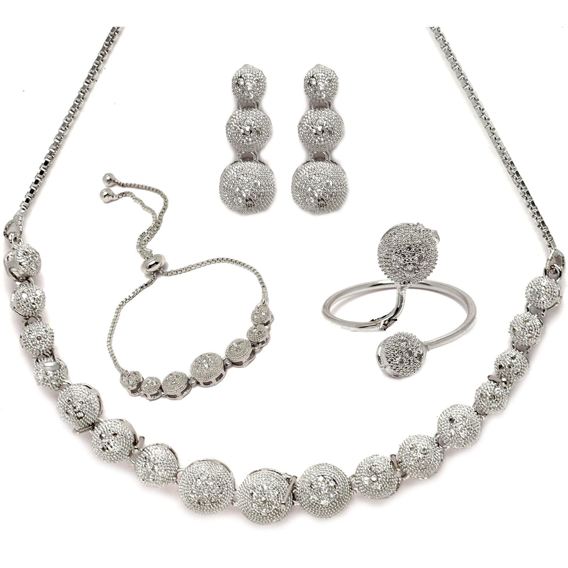ZENEME Rhodium-Plated Silver Toned American Diamond studded Necklace, Earrings, Bracelet & Ring Jewellery Set for Girls and Women (White & Silver)