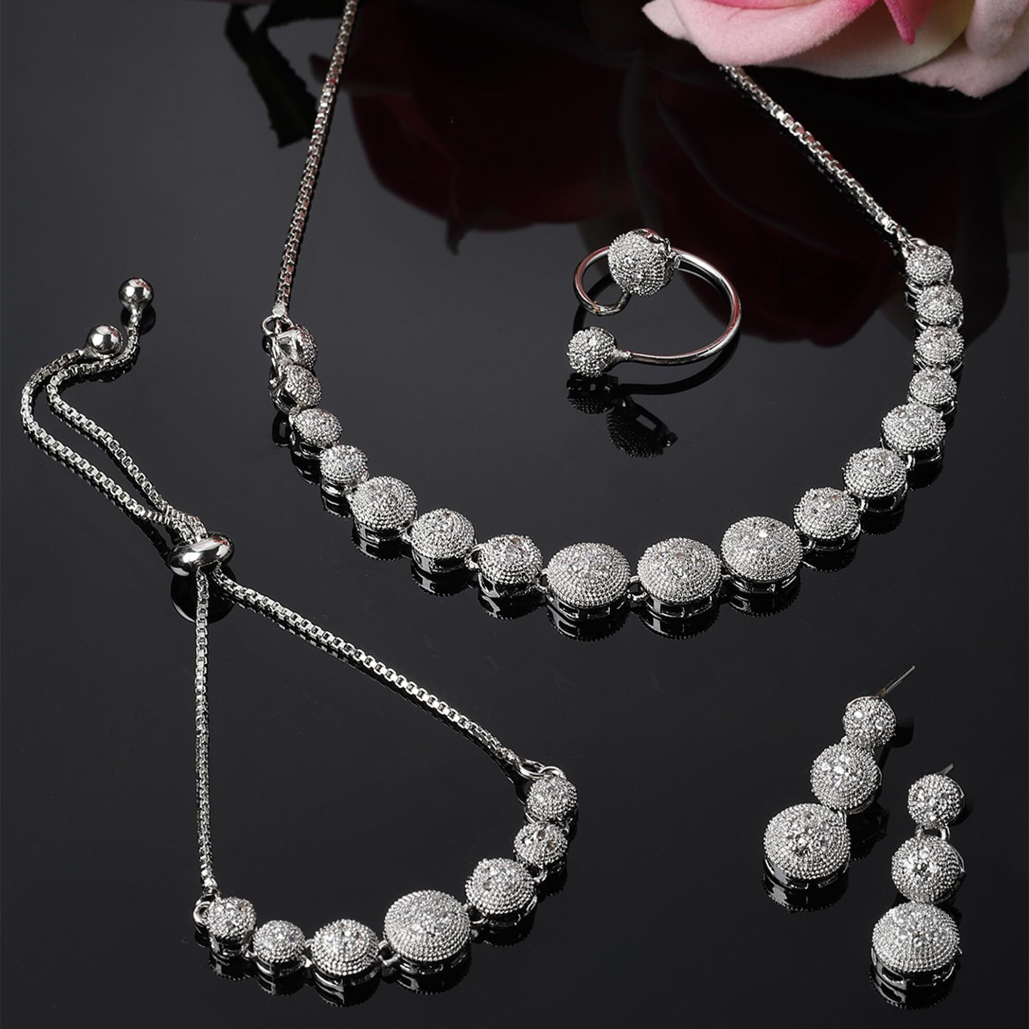 ZENEME Rhodium-Plated Silver Toned American Diamond studded Necklace, Earrings, Bracelet & Ring Jewellery Set for Girls and Women (White & Silver)