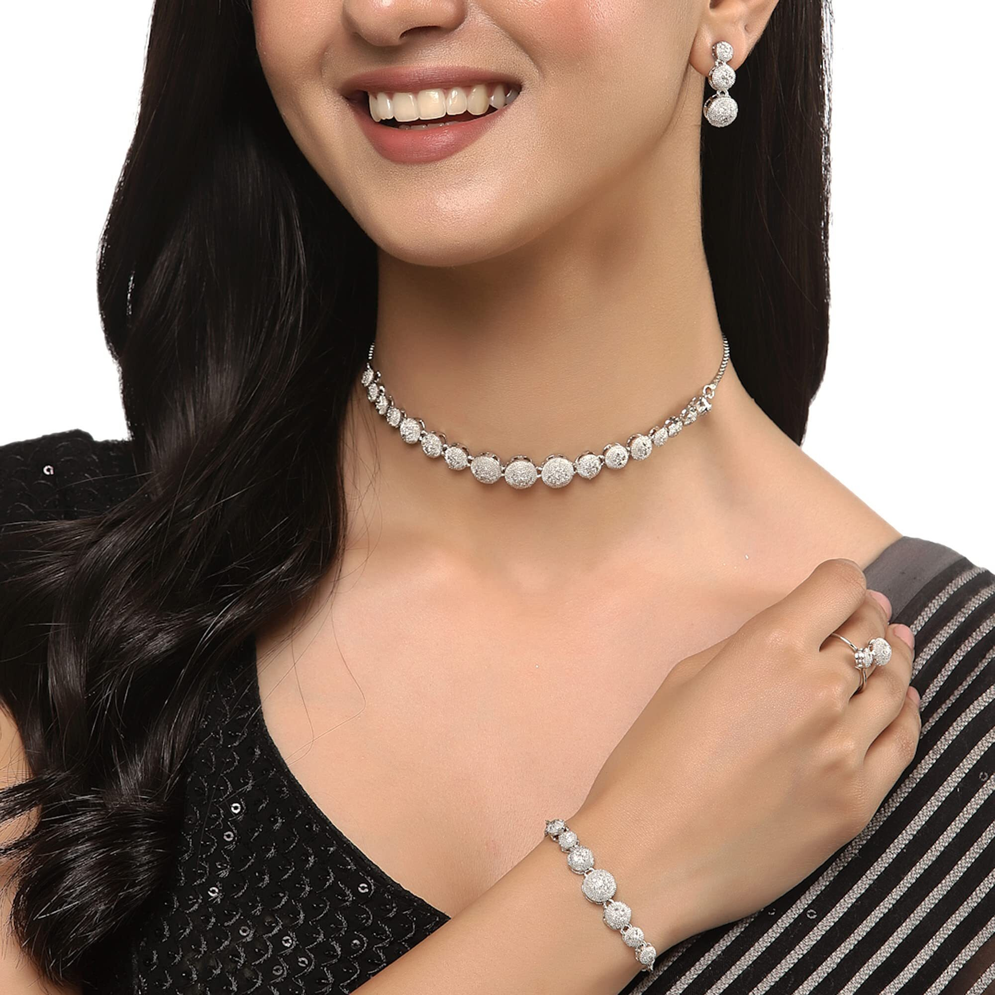 ZENEME Rhodium-Plated Silver Toned American Diamond studded Necklace, Earrings, Bracelet & Ring Jewellery Set for Girls and Women (White & Silver)