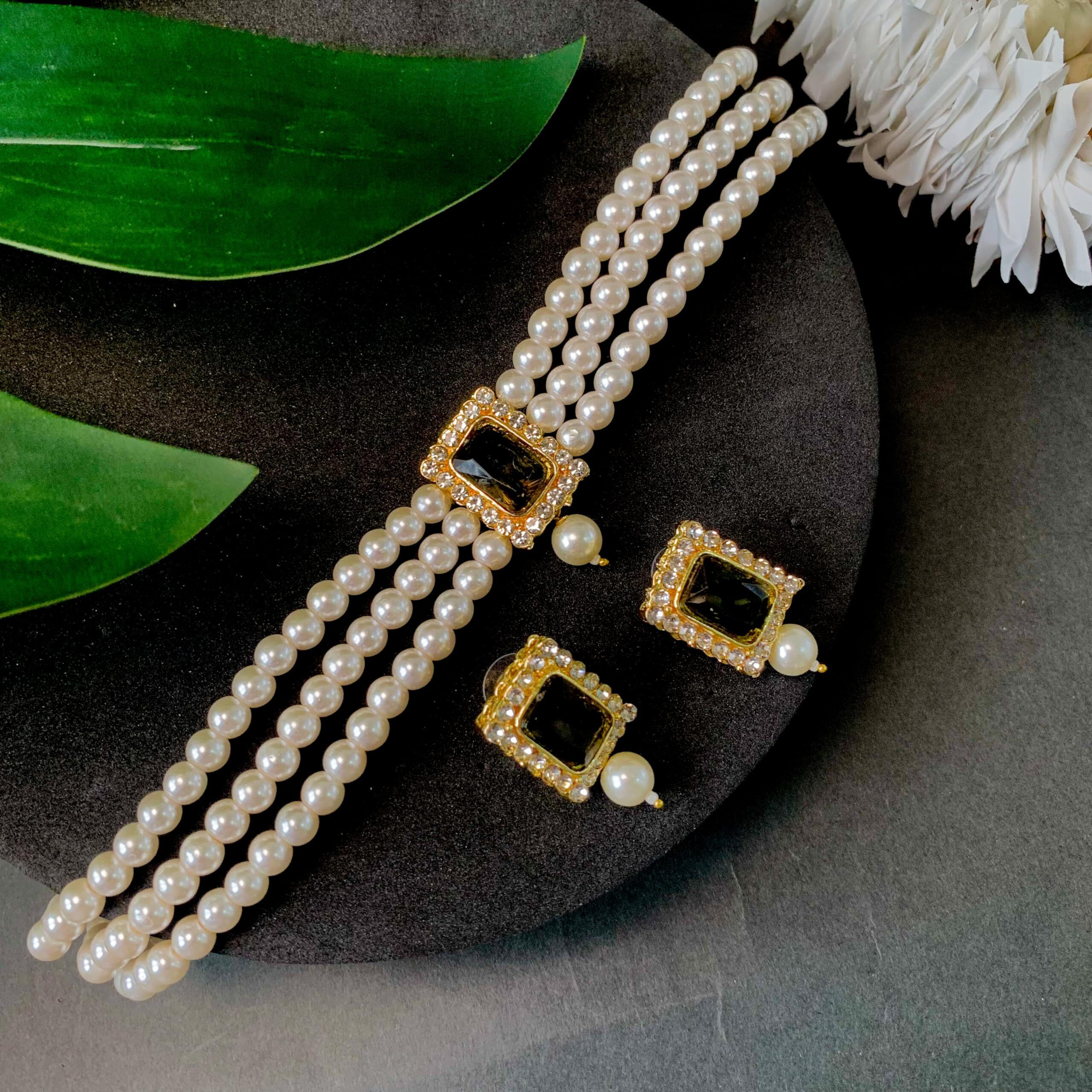 I Jewels Gold Plated Traditional Stone Pearl Choker Necklace Jewellery Set For Women/Girls (ML237MH)