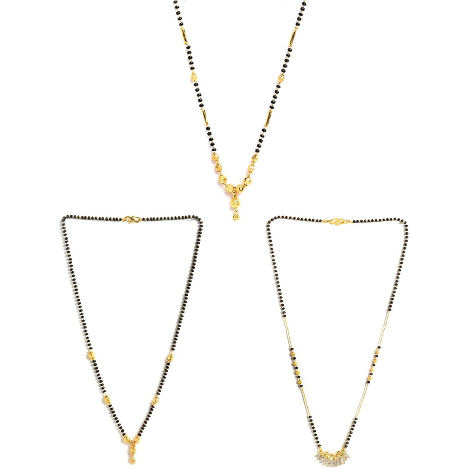 ZENEME Sparkling Gold Plated Wedding Jewellery American Diamond Solitaire Mangalsutra Tanmaniya Combo For Women (Combo 02)