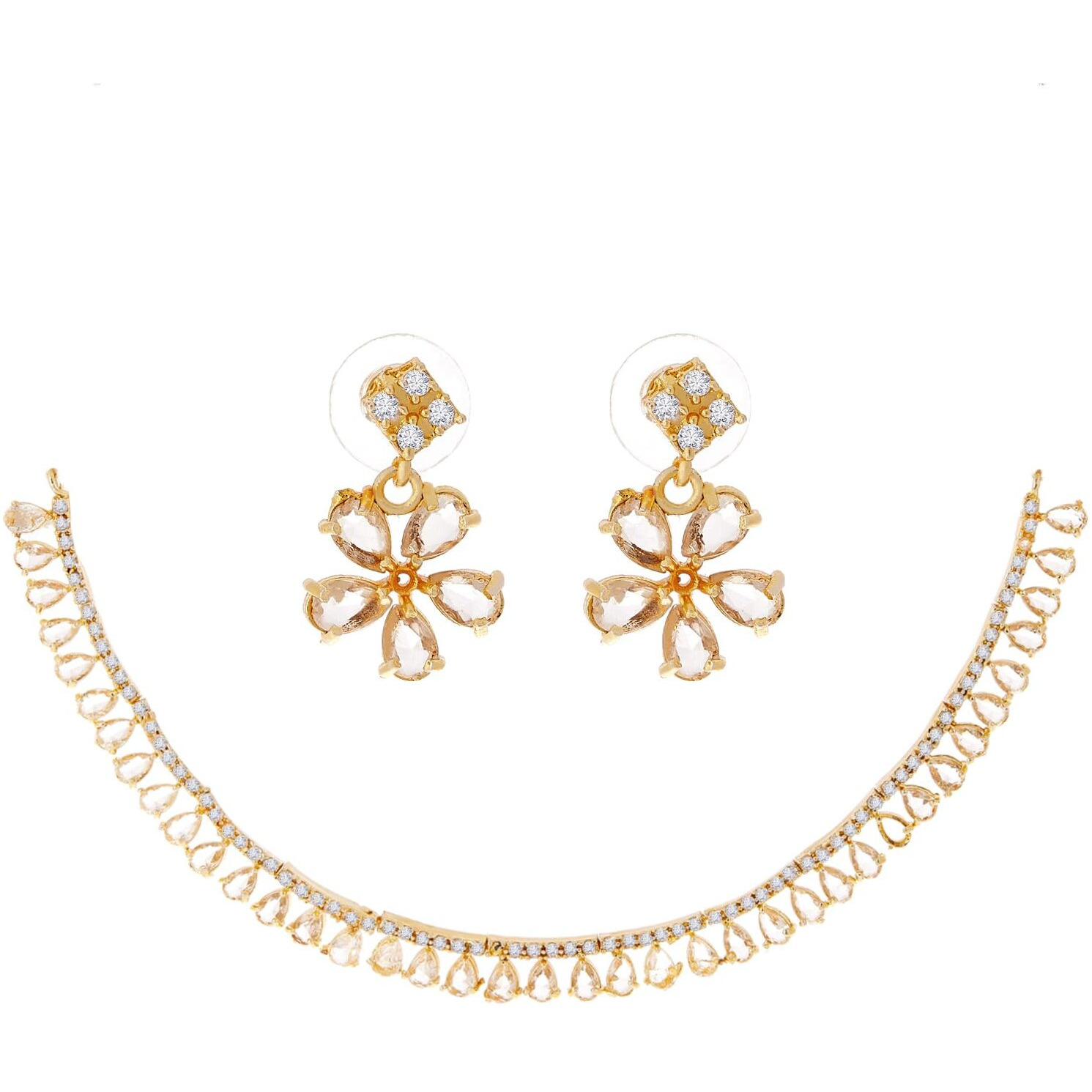 ZENEME Gold Plated American Diamond Necklace with Earrings Jewellery for Women & Girls (White)