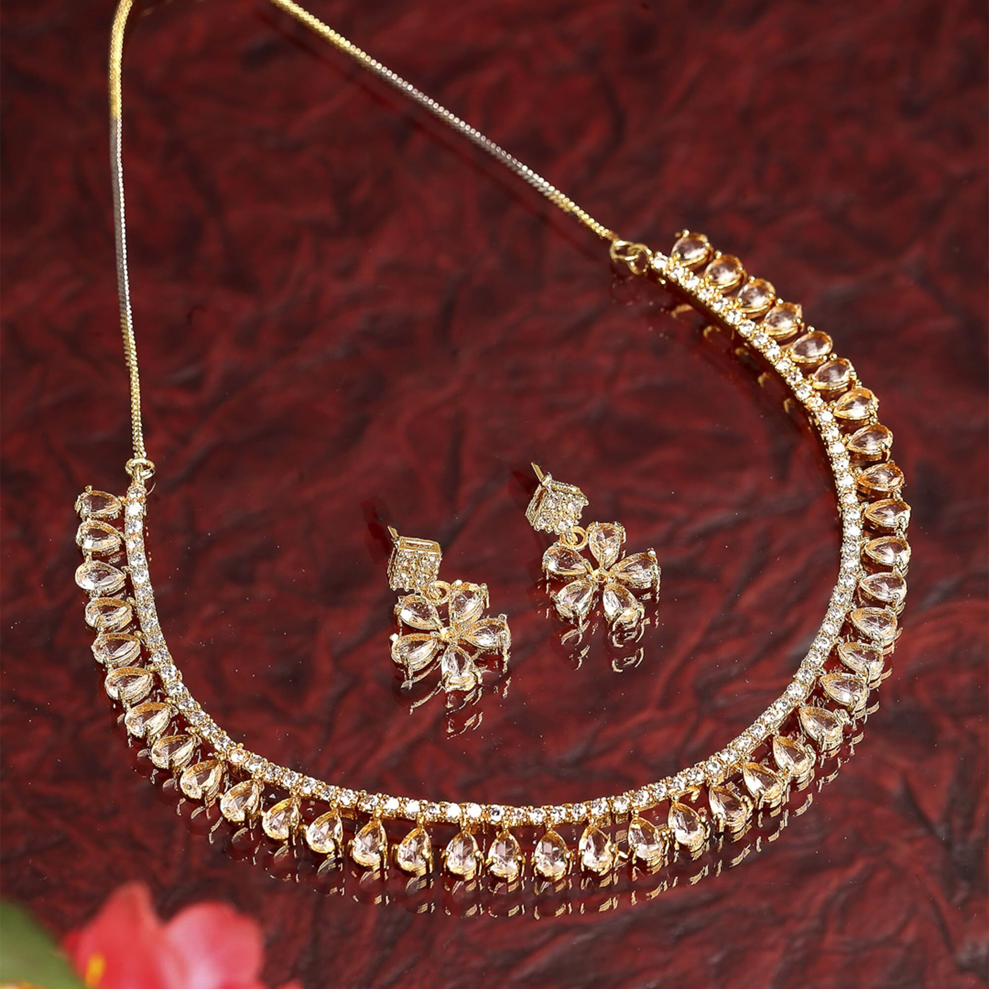 ZENEME Gold Plated American Diamond Necklace with Earrings Jewellery for Women & Girls (White)