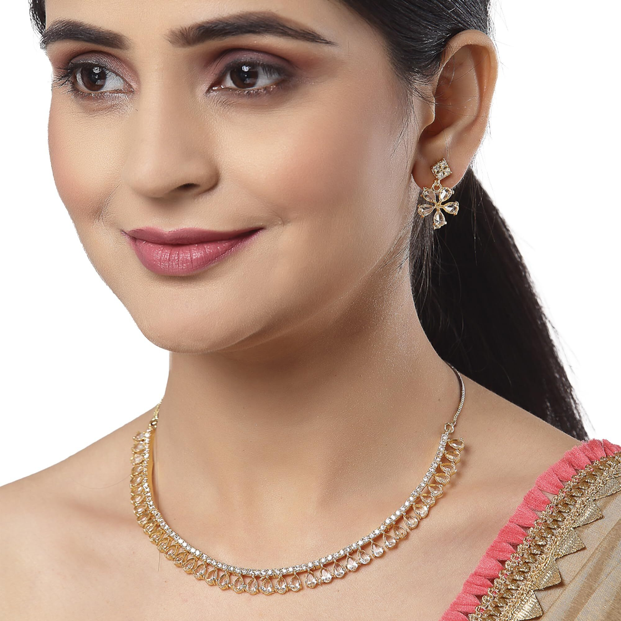 ZENEME Gold Plated American Diamond Necklace with Earrings Jewellery for Women & Girls (White)