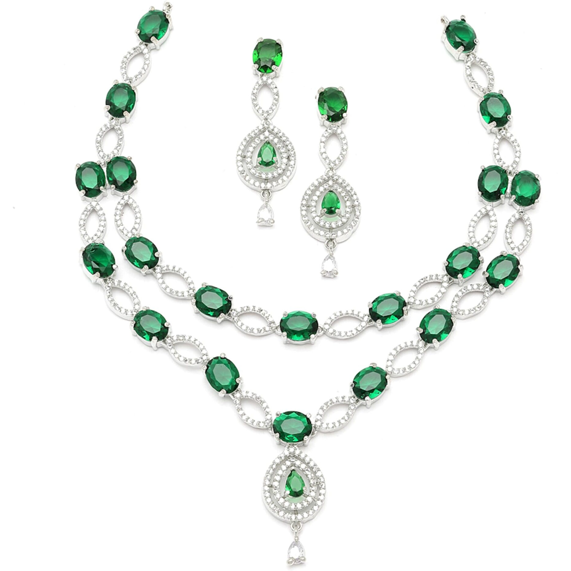 ZENEME Rhodium-Plated American Diamond Studded Abstract Necklace With Earrings Jewellery Set For Girls and Women (Green)