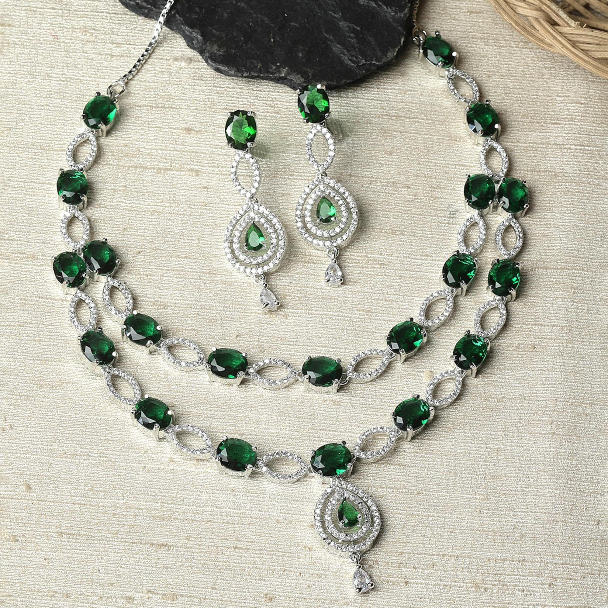 ZENEME Rhodium-Plated American Diamond Studded Abstract Necklace With Earrings Jewellery Set For Girls and Women (Green)