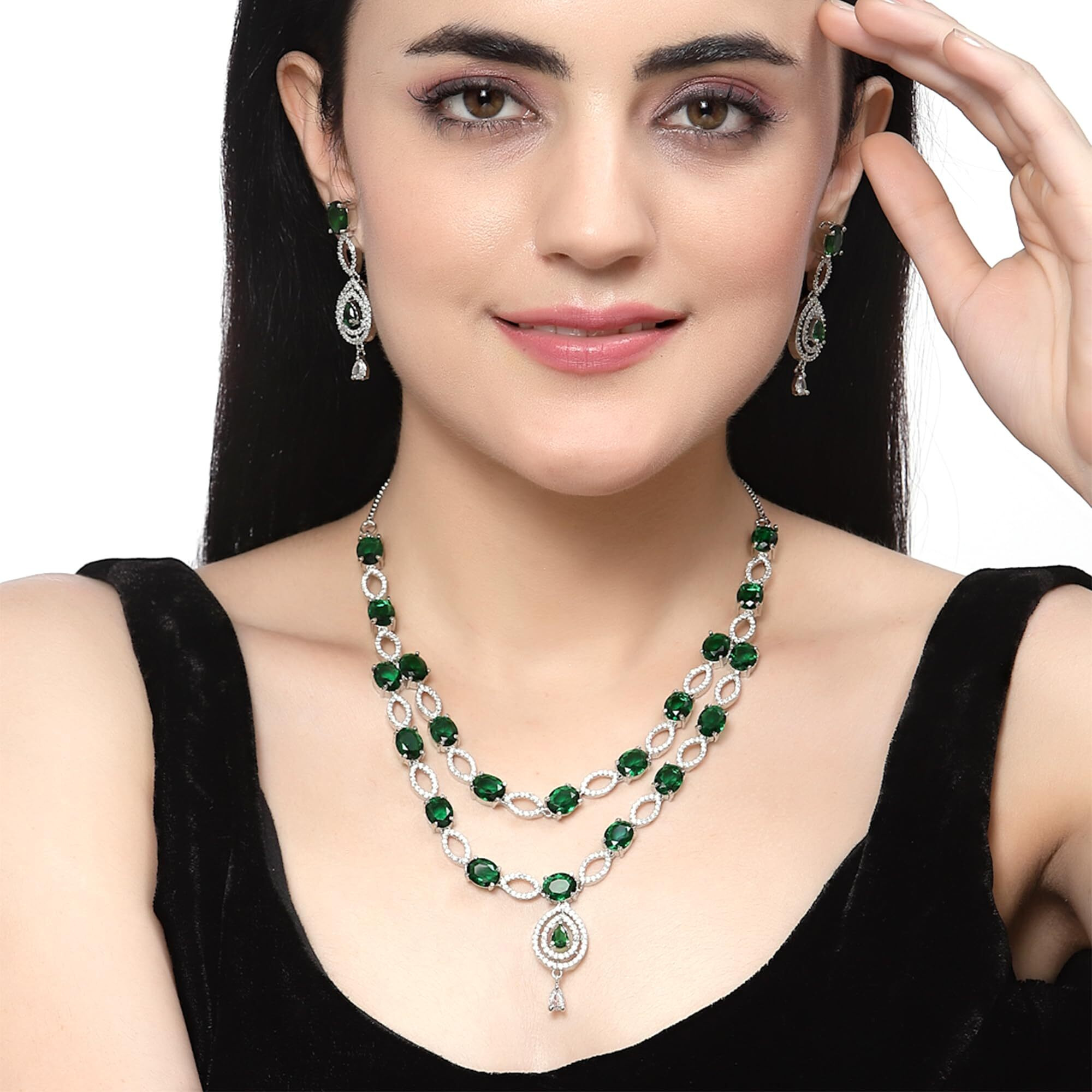 ZENEME Rhodium-Plated American Diamond Studded Abstract Necklace With Earrings Jewellery Set For Girls and Women (Green)