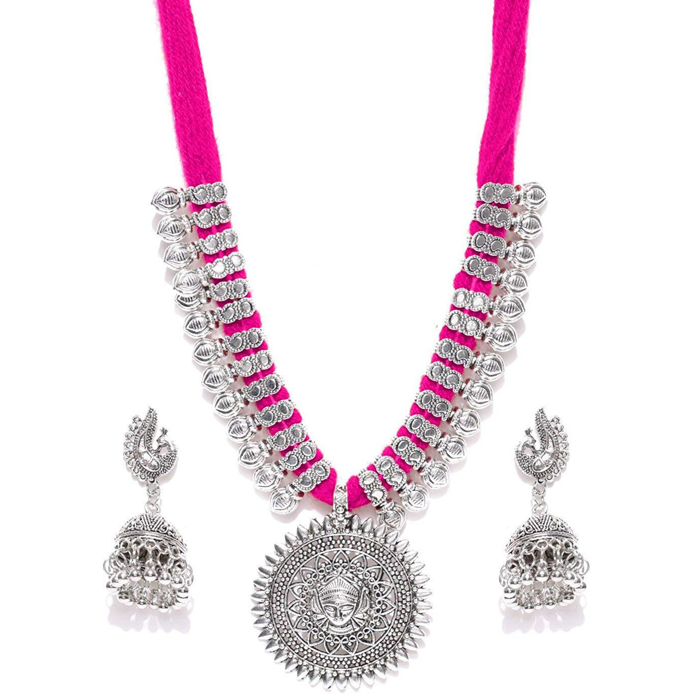 YouBella Jewellery Sets for women Antique German Silver Oxidised Plated Tribal Cotton Thread Jewellery Necklace Earring Set for Women & Girls.(Valentine Gift Special). (PINK)