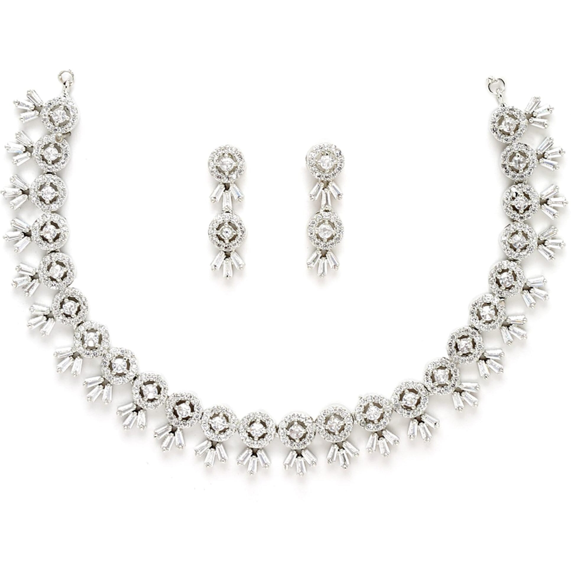 ZENEME Women American Diamond Studded Necklace With Earring Detailing Jewellery Set For Women and Girl (Rhodium)