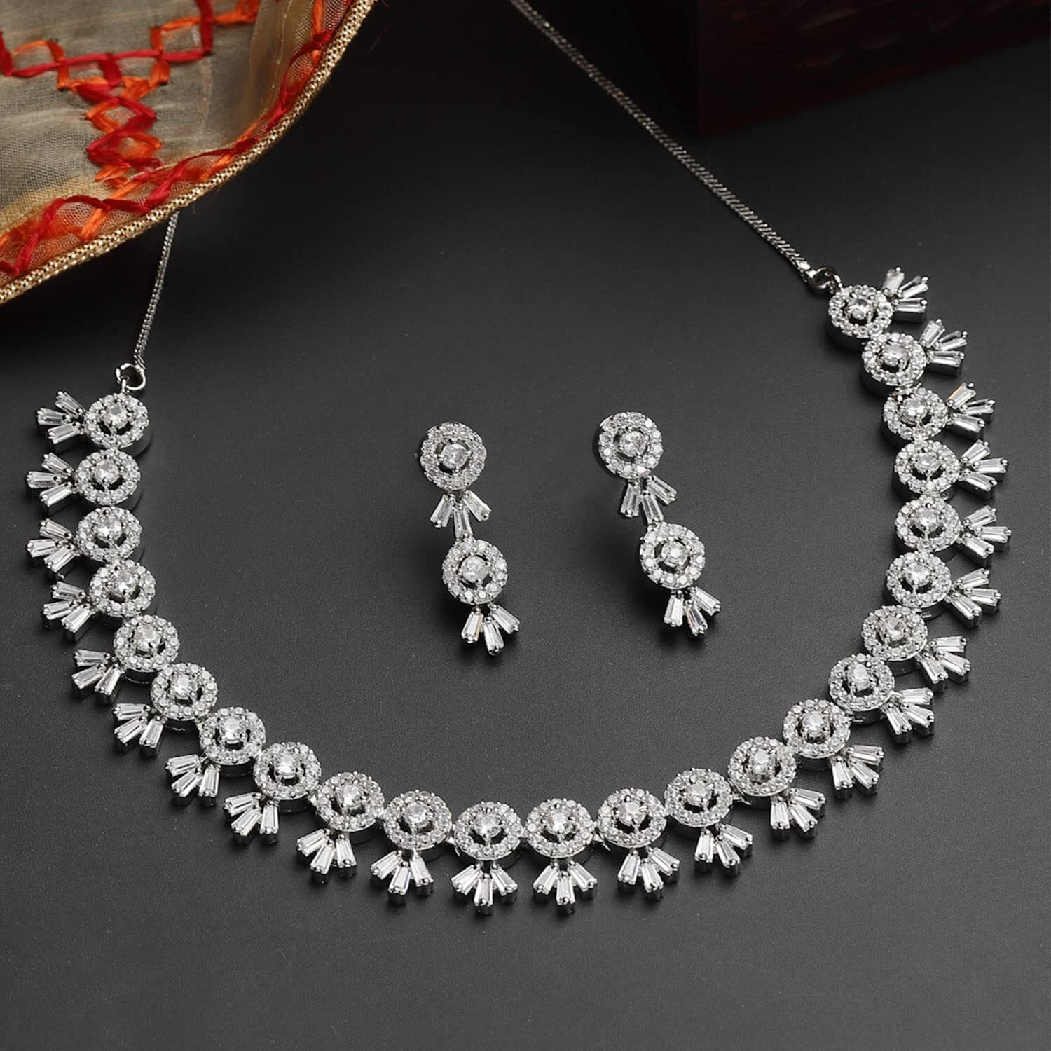 ZENEME Women American Diamond Studded Necklace With Earring Detailing Jewellery Set For Women and Girl (Rhodium)