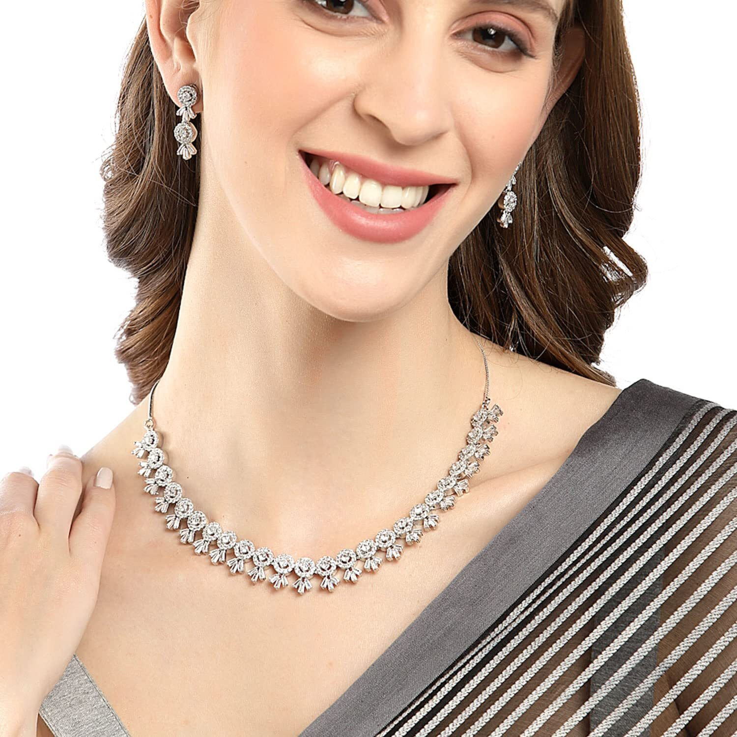 ZENEME Women American Diamond Studded Necklace With Earring Detailing Jewellery Set For Women and Girl (Rhodium)