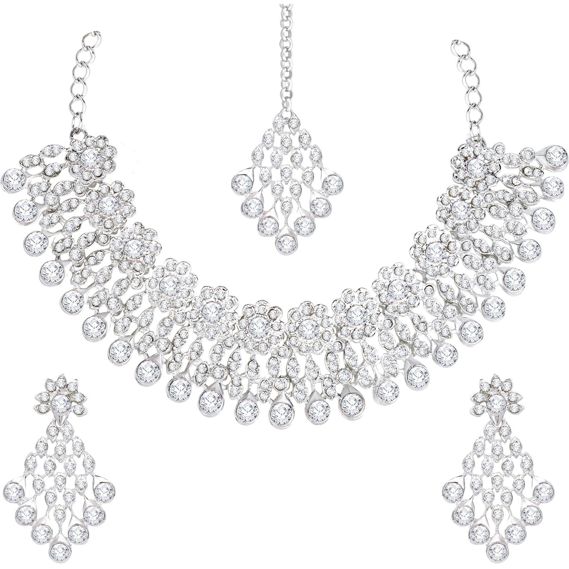 Atasi International Silver Plated Necklace Set with Earrings and Maang Tikka for Women Suitable for Bridal, Wedding, Party & Festive (Silver, White)