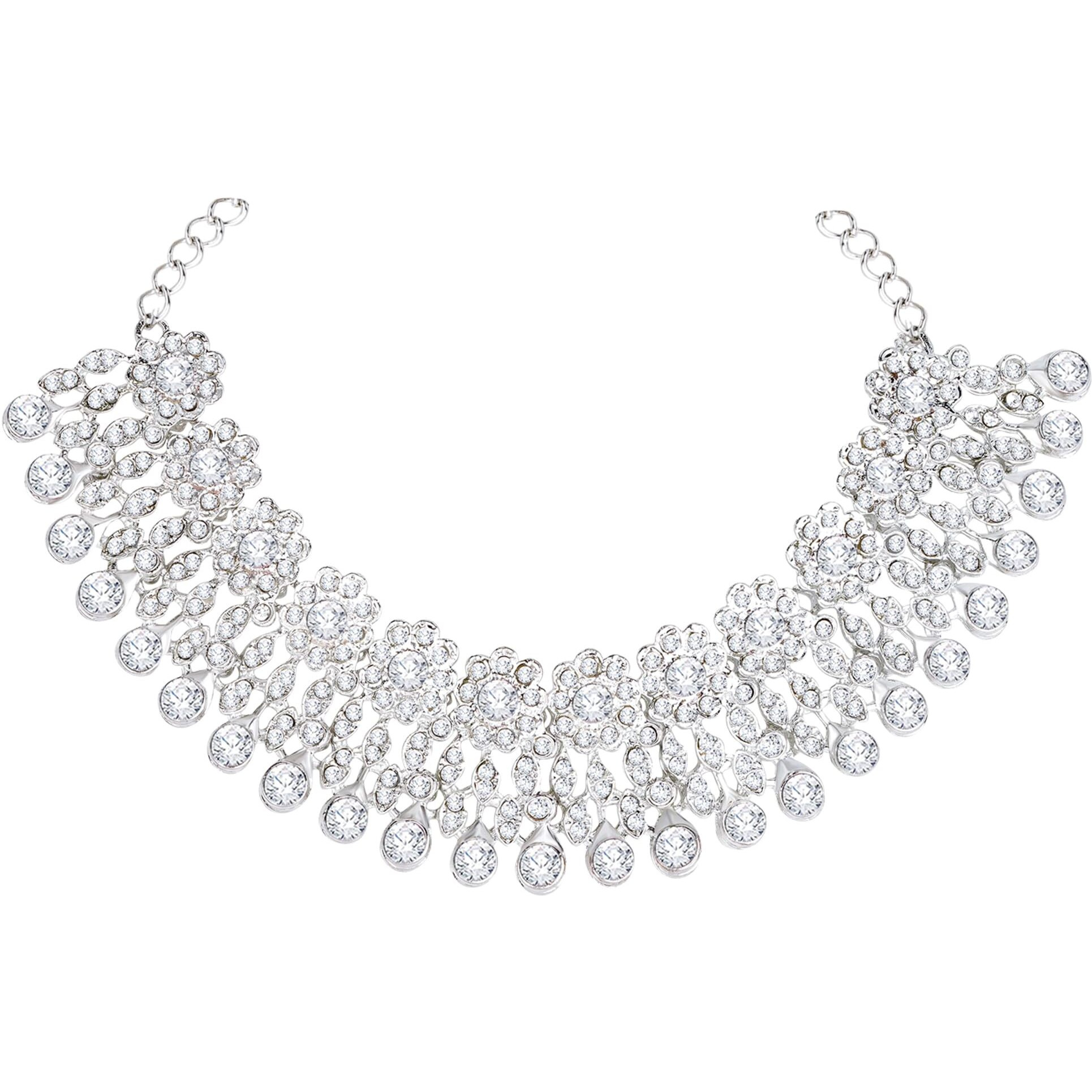 Atasi International Silver Plated Necklace Set with Earrings and Maang Tikka for Women Suitable for Bridal, Wedding, Party & Festive (Silver, White)