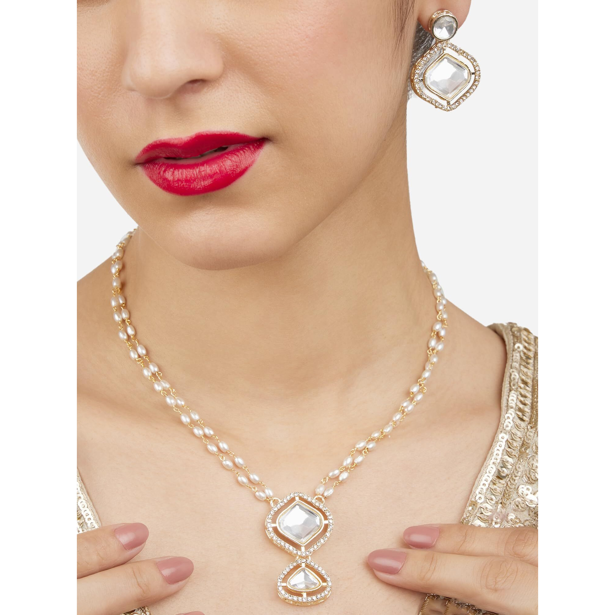 ZAVERI PEARLS Gold Tone Double Layered Austrian Diamonds Beaded Embellished Necklace & Earring Set For Women-ZPFK17075