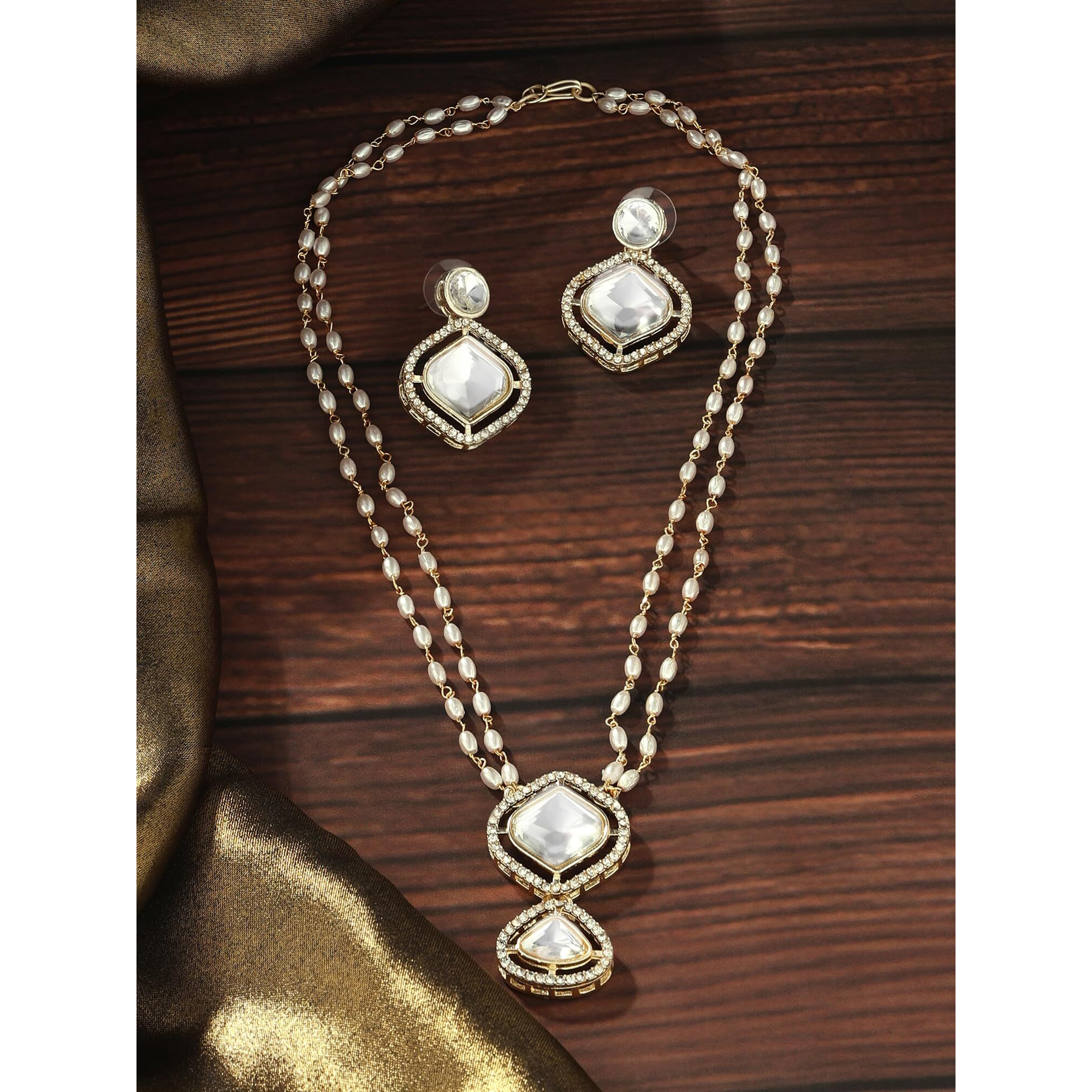 ZAVERI PEARLS Gold Tone Double Layered Austrian Diamonds Beaded Embellished Necklace & Earring Set For Women-ZPFK17075
