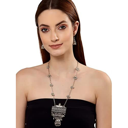 Shining Diva Fashion Latest Stylish Traditional Oxidised Silver Necklace Jewellery Set for Women (13118s)