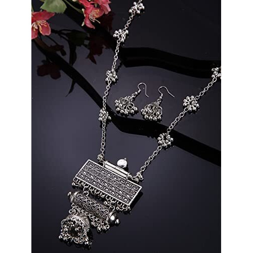 Shining Diva Fashion Latest Stylish Traditional Oxidised Silver Necklace Jewellery Set for Women (13118s)